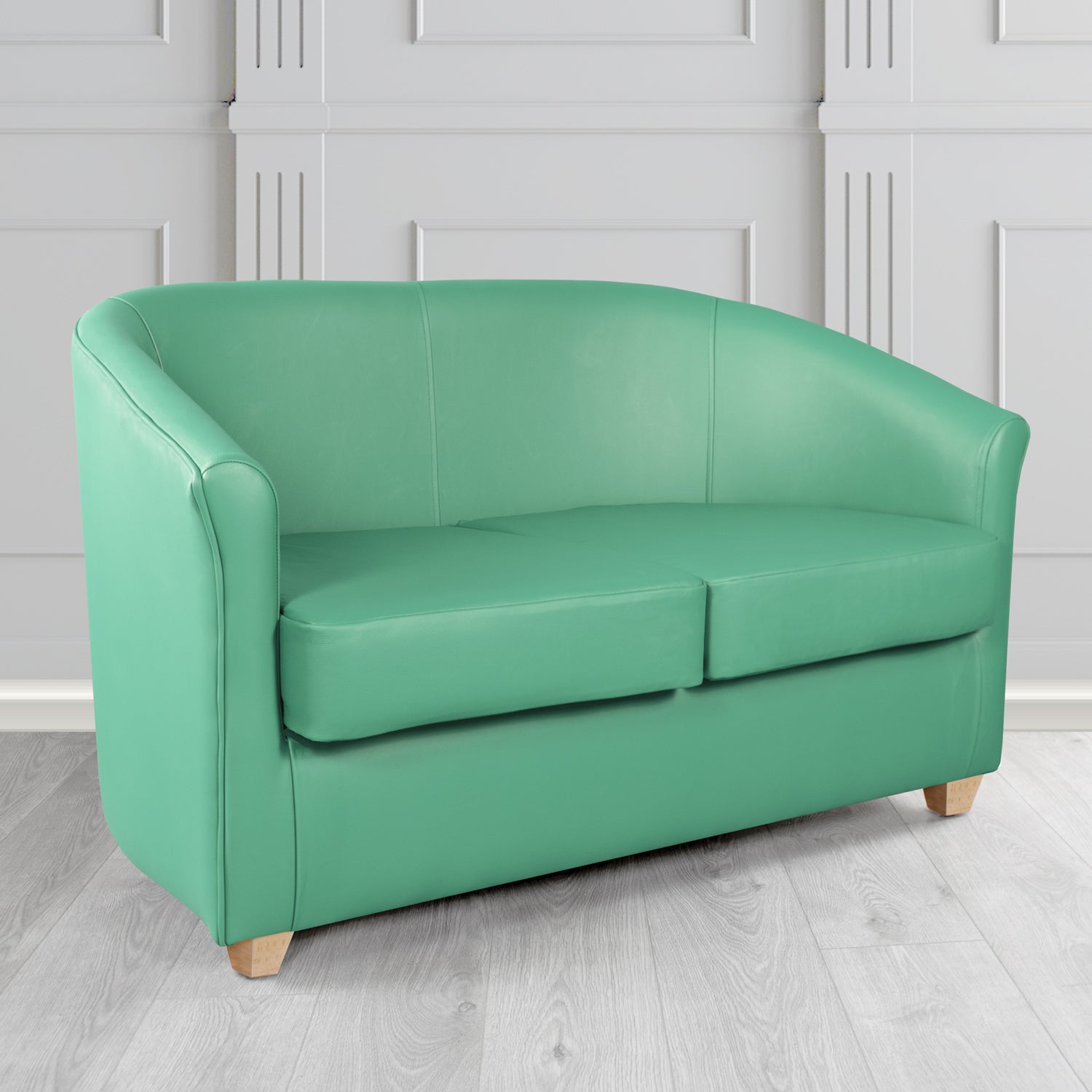 Cannes 2 Seater Tub Sofa in Chieftain Fabrics Just Colour Crib 5 Faux Leather with Light Wood Legs