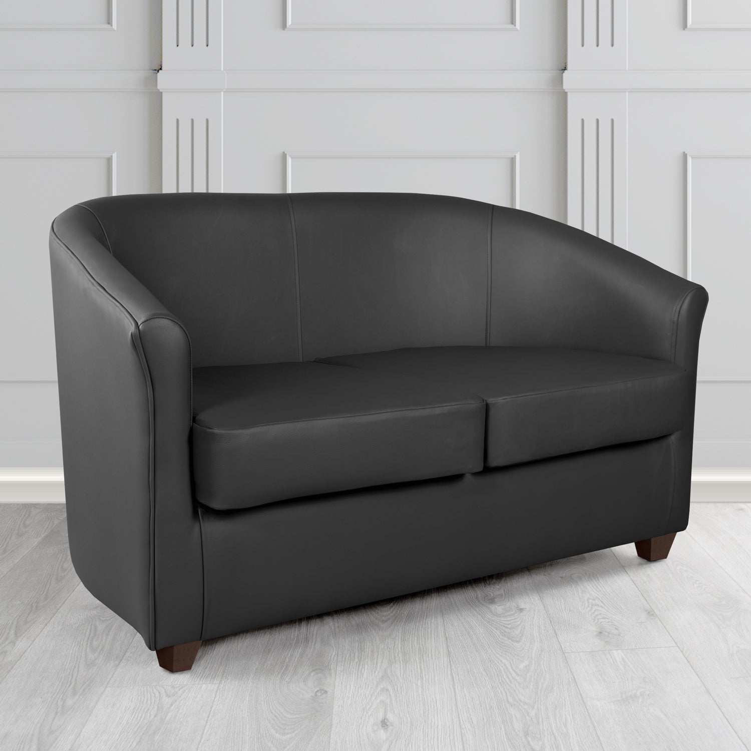Cannes 2 Seater Tub Sofa in Chieftain Fabrics Just Colour Crib 5 Faux Leather with Dark Wood Legs
