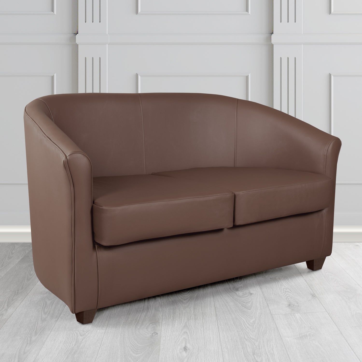 Cannes 2 Seater Tub Sofa in Chieftain Fabrics Just Colour Crib 5 Faux Leather with Dark Wood Legs