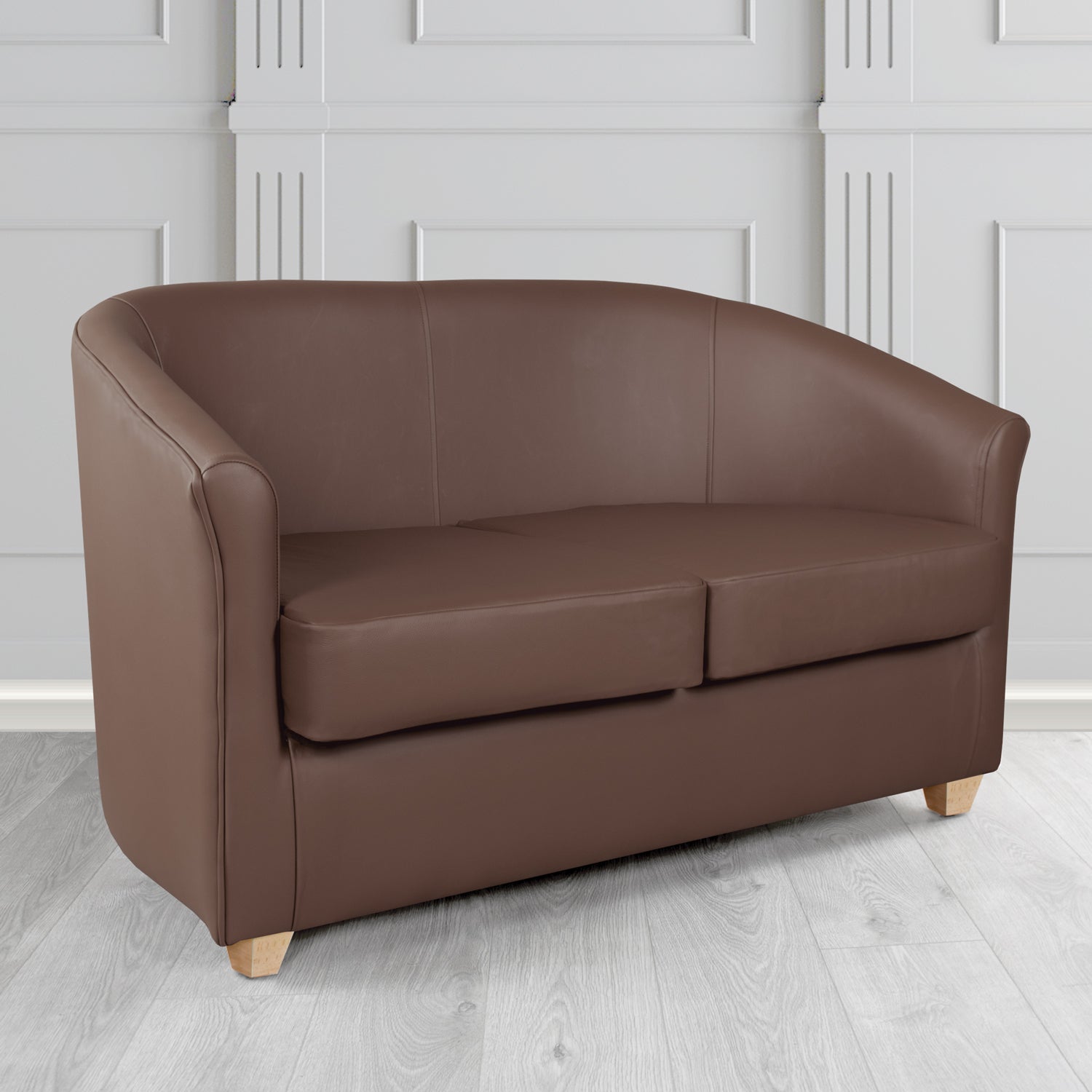 Cannes 2 Seater Tub Sofa in Chieftain Fabrics Just Colour Crib 5 Faux Leather with Light Wood Legs