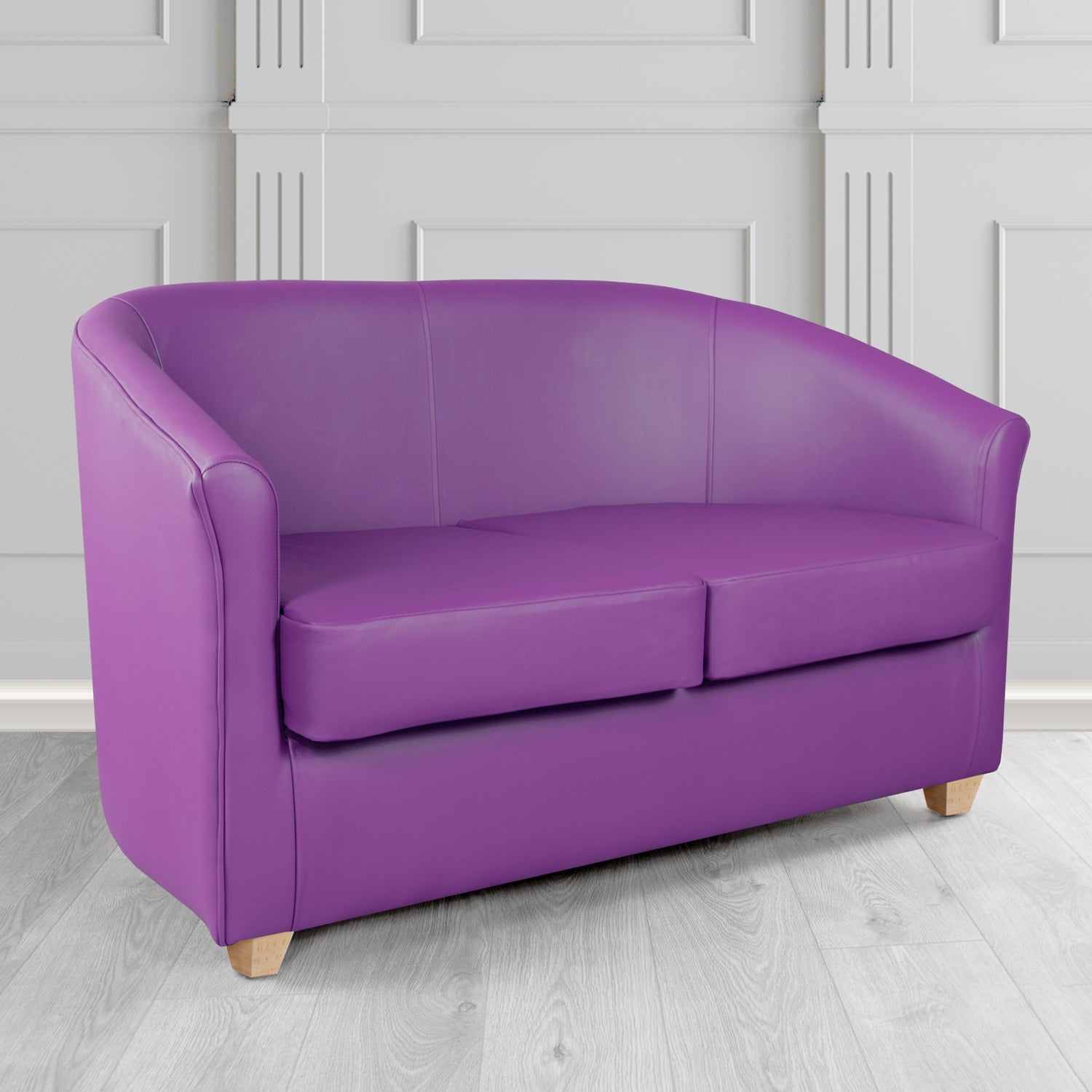 Cannes 2 Seater Tub Sofa in Chieftain Fabrics Just Colour Crib 5 Faux Leather with Light Wood Legs