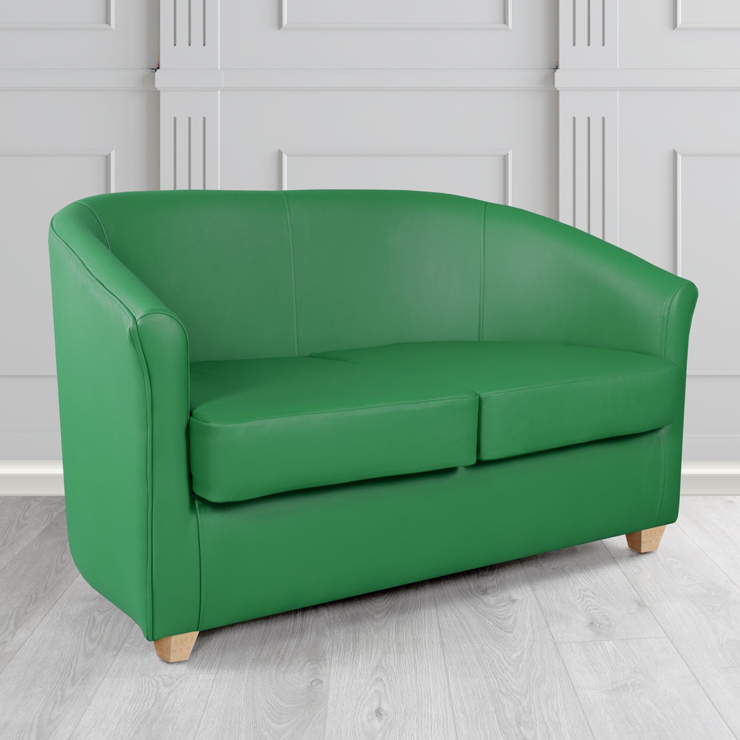 Cannes 2 Seater Tub Sofa in Chieftain Fabrics Just Colour Crib 5 Faux Leather with Light Wood Legs
