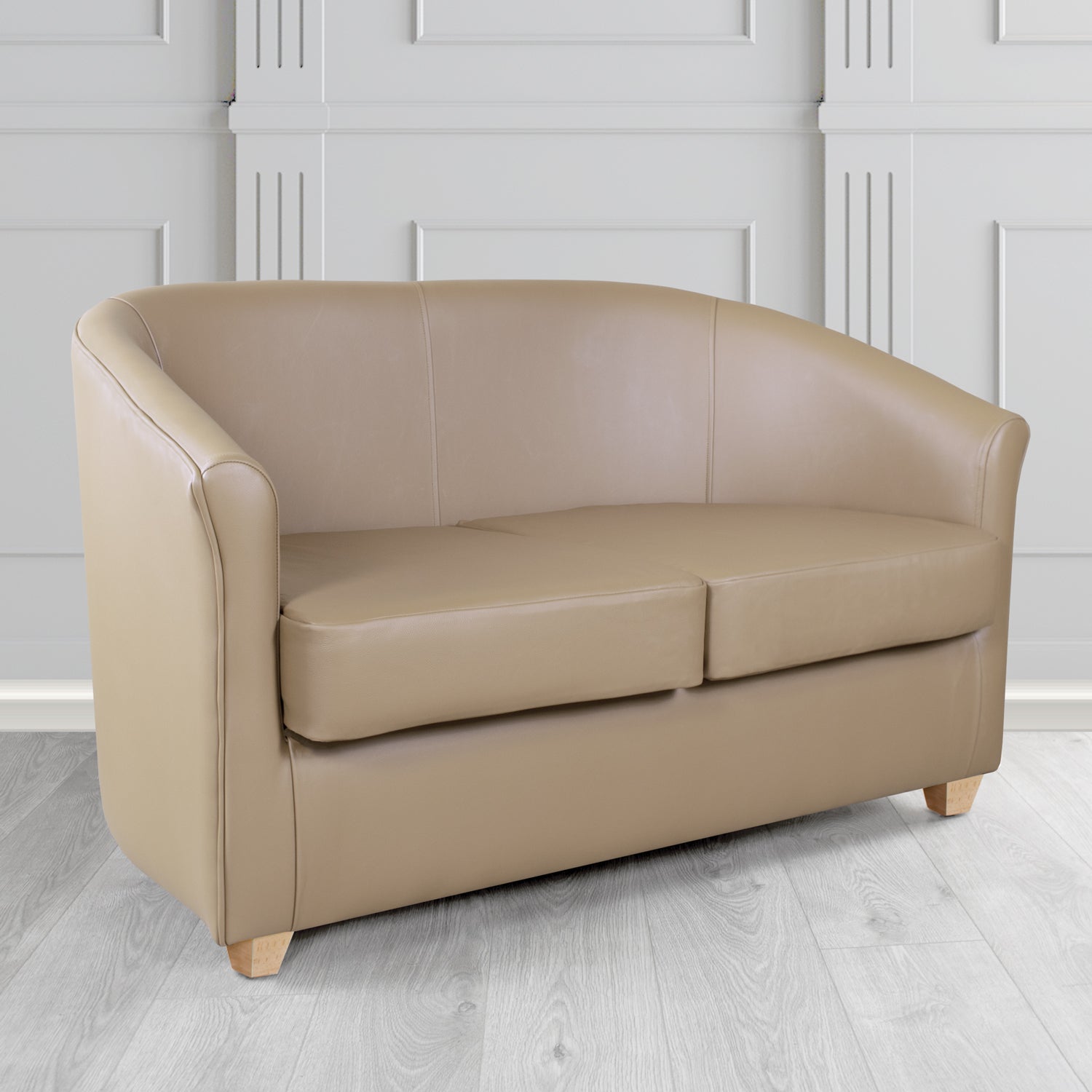 Cannes 2 Seater Tub Sofa in Chieftain Fabrics Just Colour Crib 5 Faux Leather with Light Wood Legs