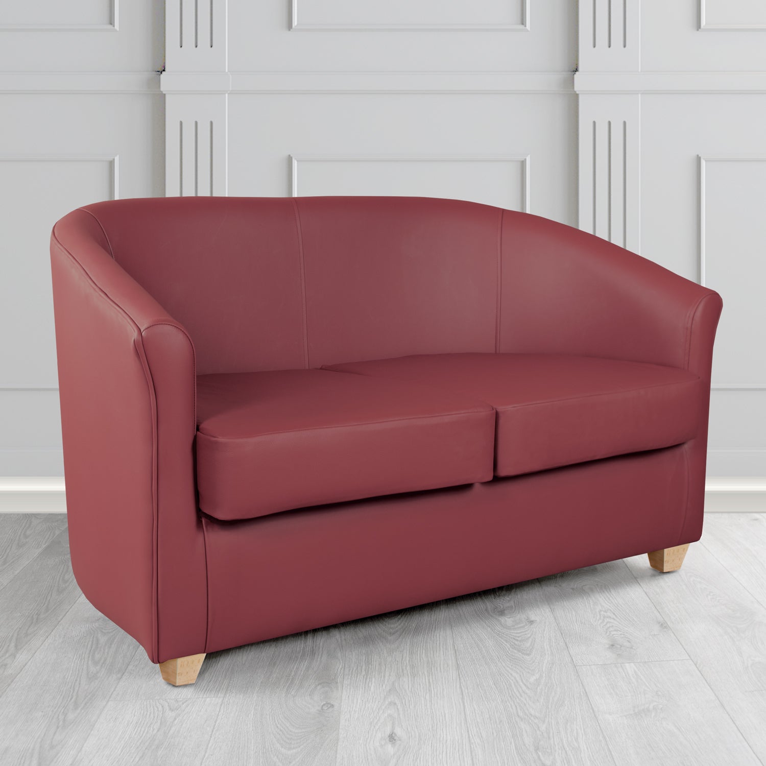 Cannes 2 Seater Tub Sofa in Chieftain Fabrics Just Colour Crib 5 Faux Leather with Light Wood Legs