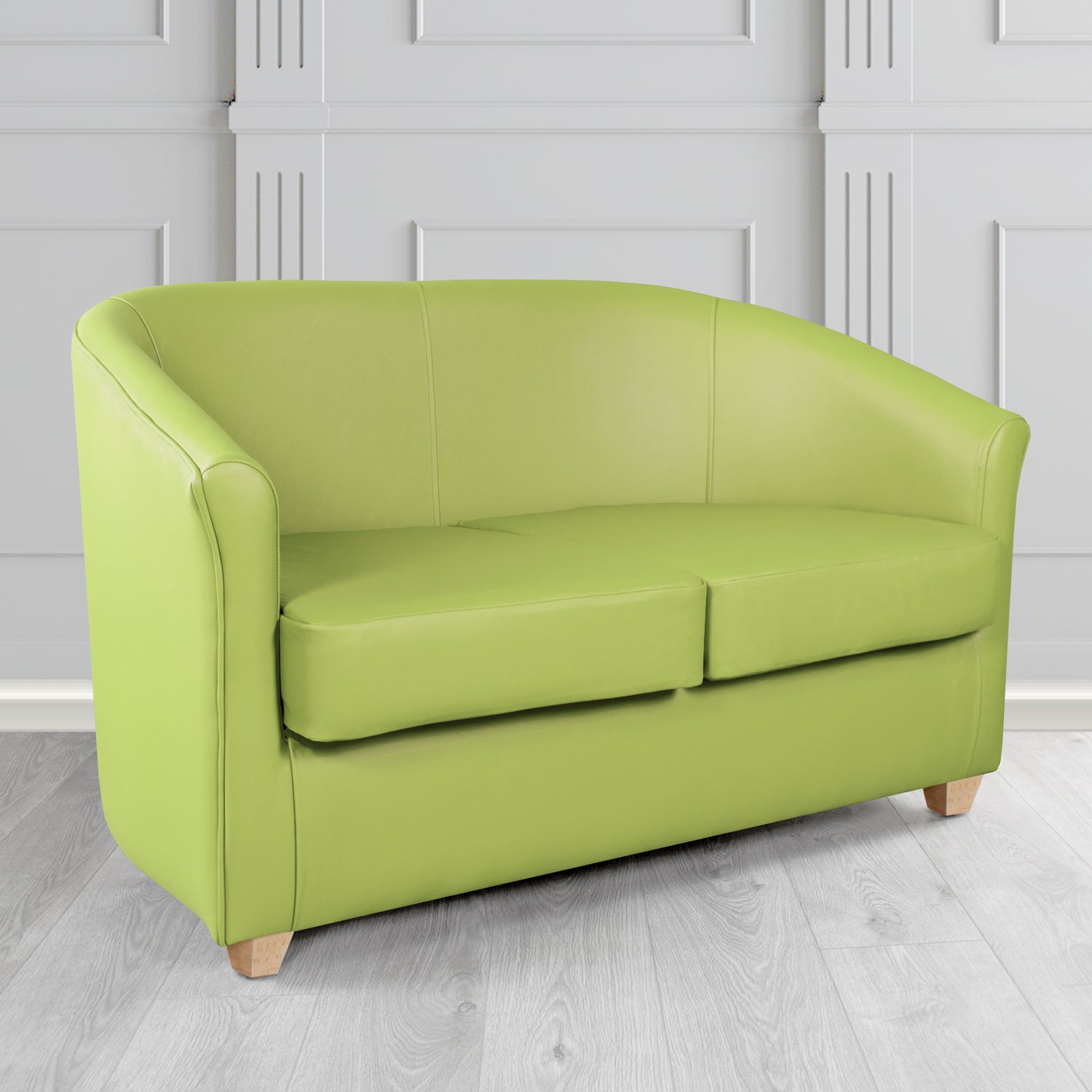 Cannes 2 Seater Tub Sofa in Chieftain Fabrics Just Colour Crib 5 Faux Leather with Light Wood Legs