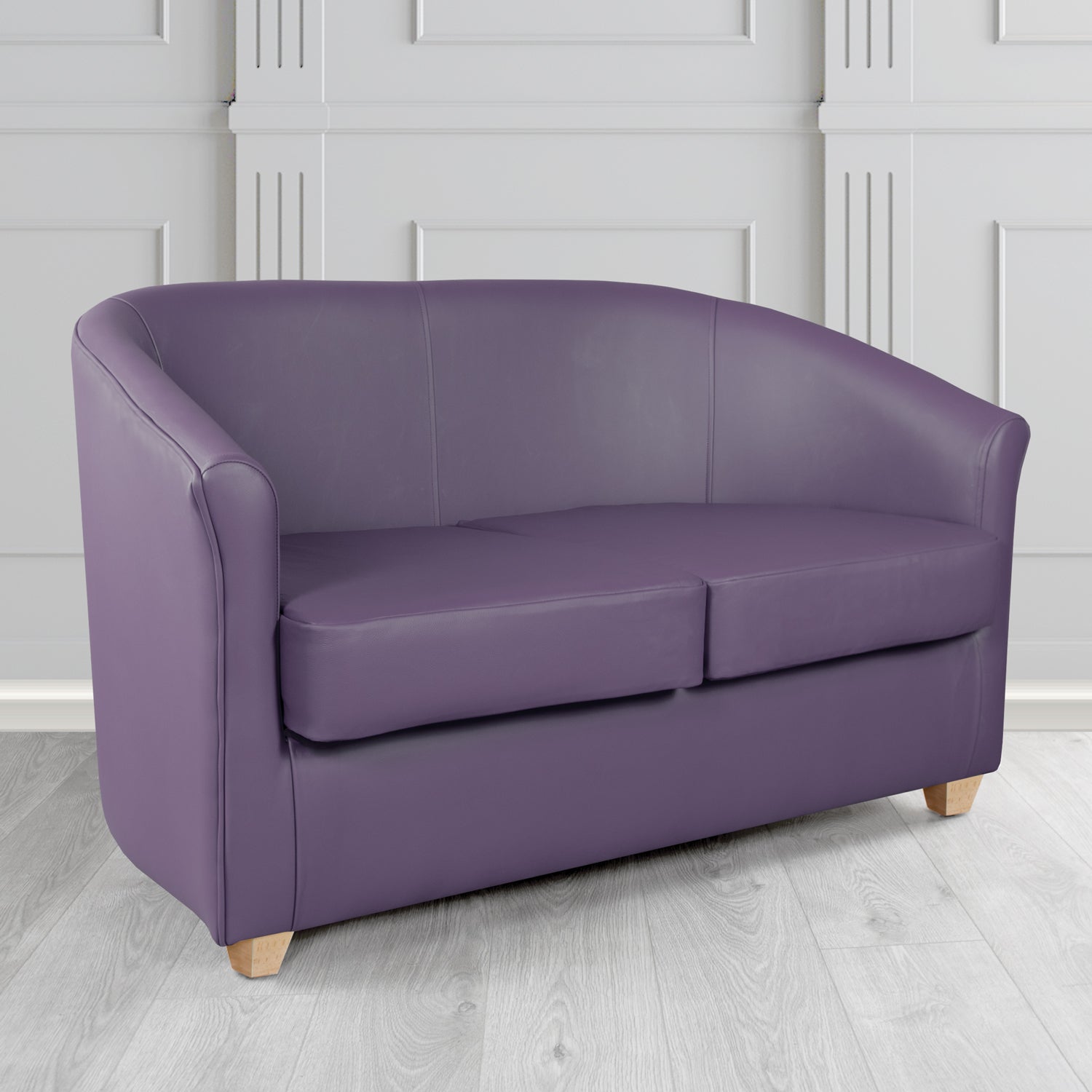 Cannes 2 Seater Tub Sofa in Chieftain Fabrics Just Colour Crib 5 Faux Leather with Light Wood Legs