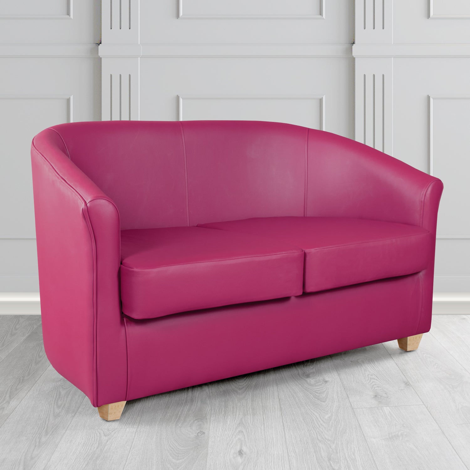 Cannes 2 Seater Tub Sofa in Chieftain Fabrics Just Colour Crib 5 Faux Leather with Light Wood Legs