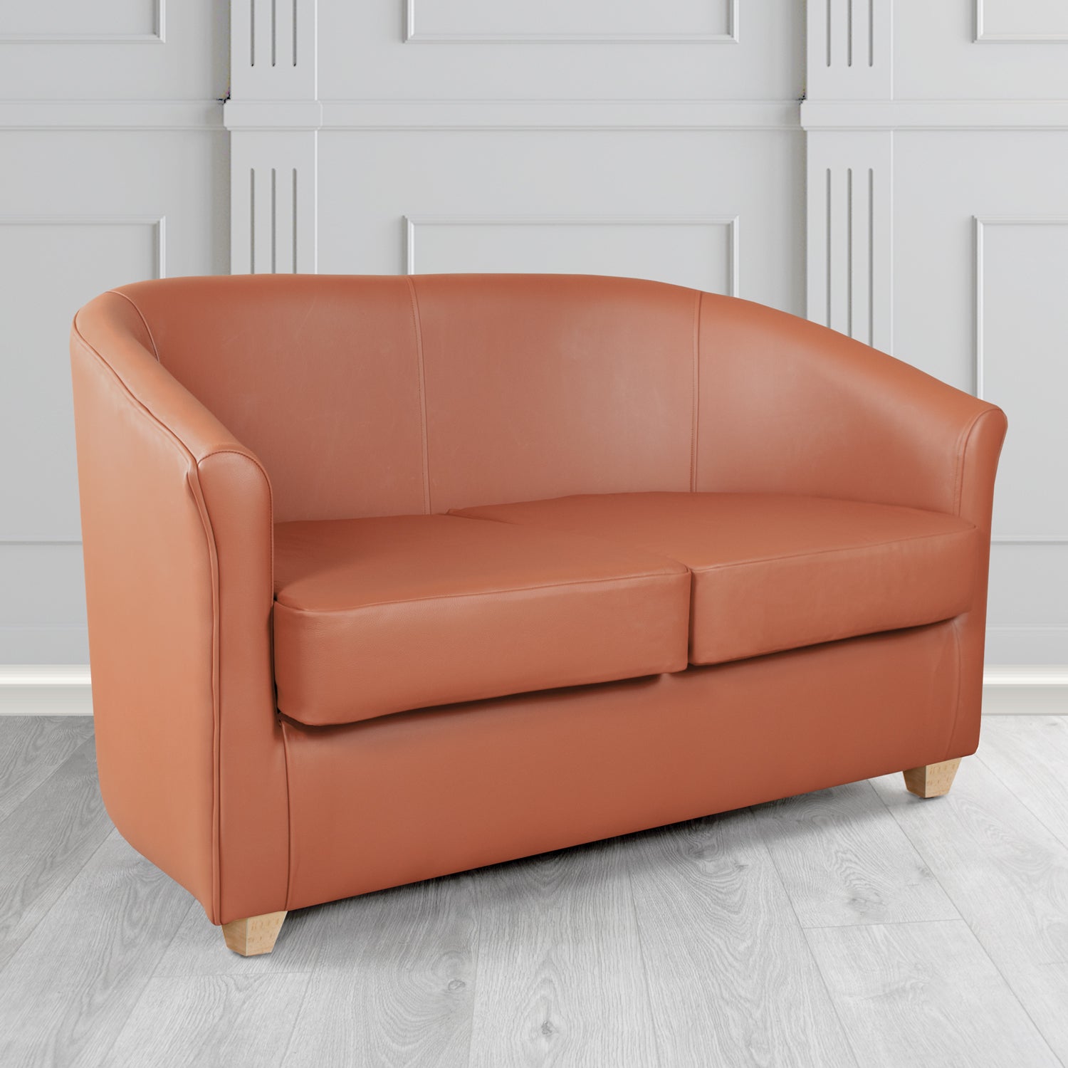 Cannes 2 Seater Tub Sofa in Chieftain Fabrics Just Colour Crib 5 Faux Leather with Light Wood Legs