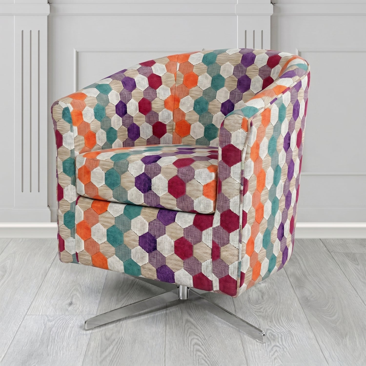 Cannes Swivel Tub Chair in Cristina Marrone Extravaganza Honeycomb Velvet Pattern Fabric