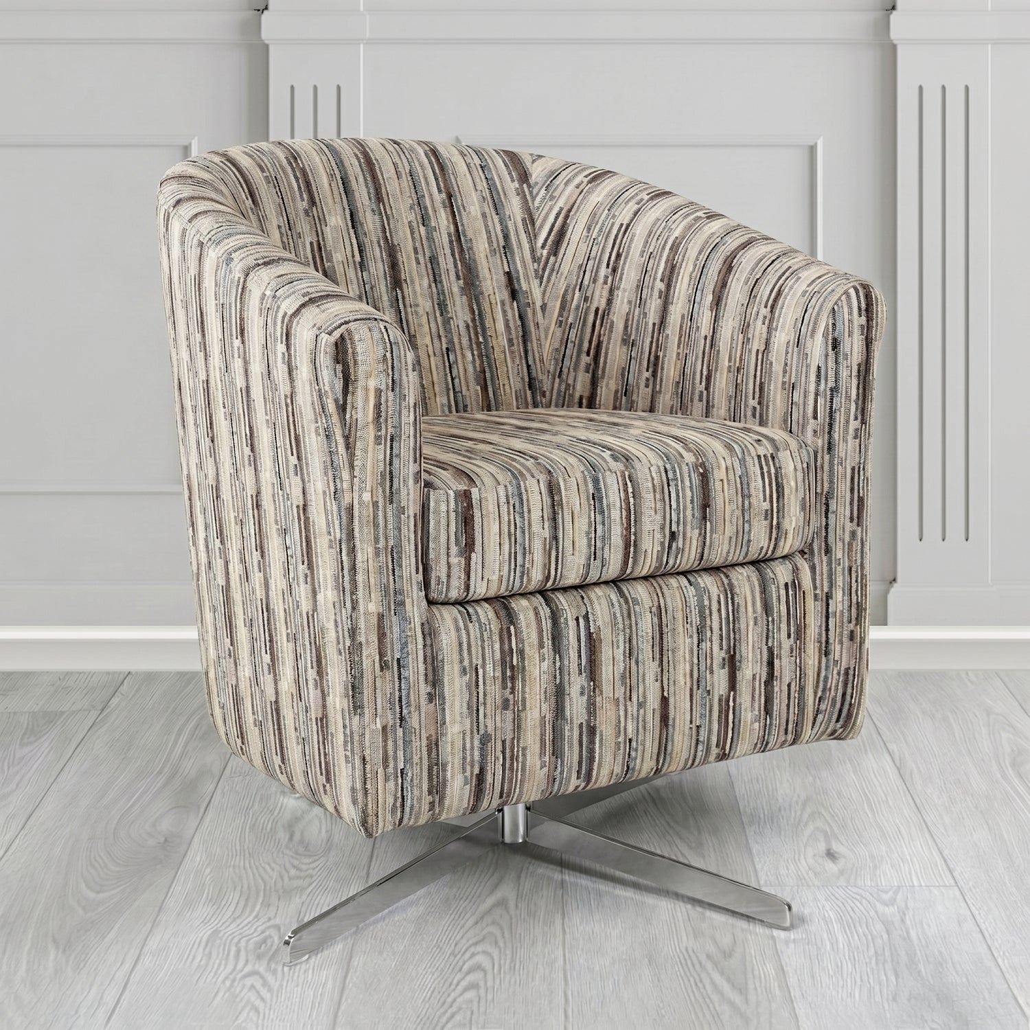 Cannes Swivel Tub Chair in Cristina Marrone Extravaganza Stripe Fabric