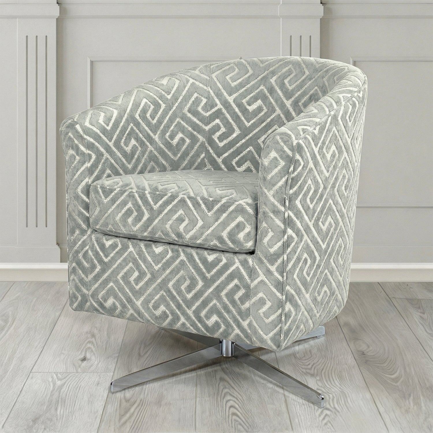 Cannes Swivel Tub Chair in Cristina Marrone Extravaganza Greek Key Geometric Fabric