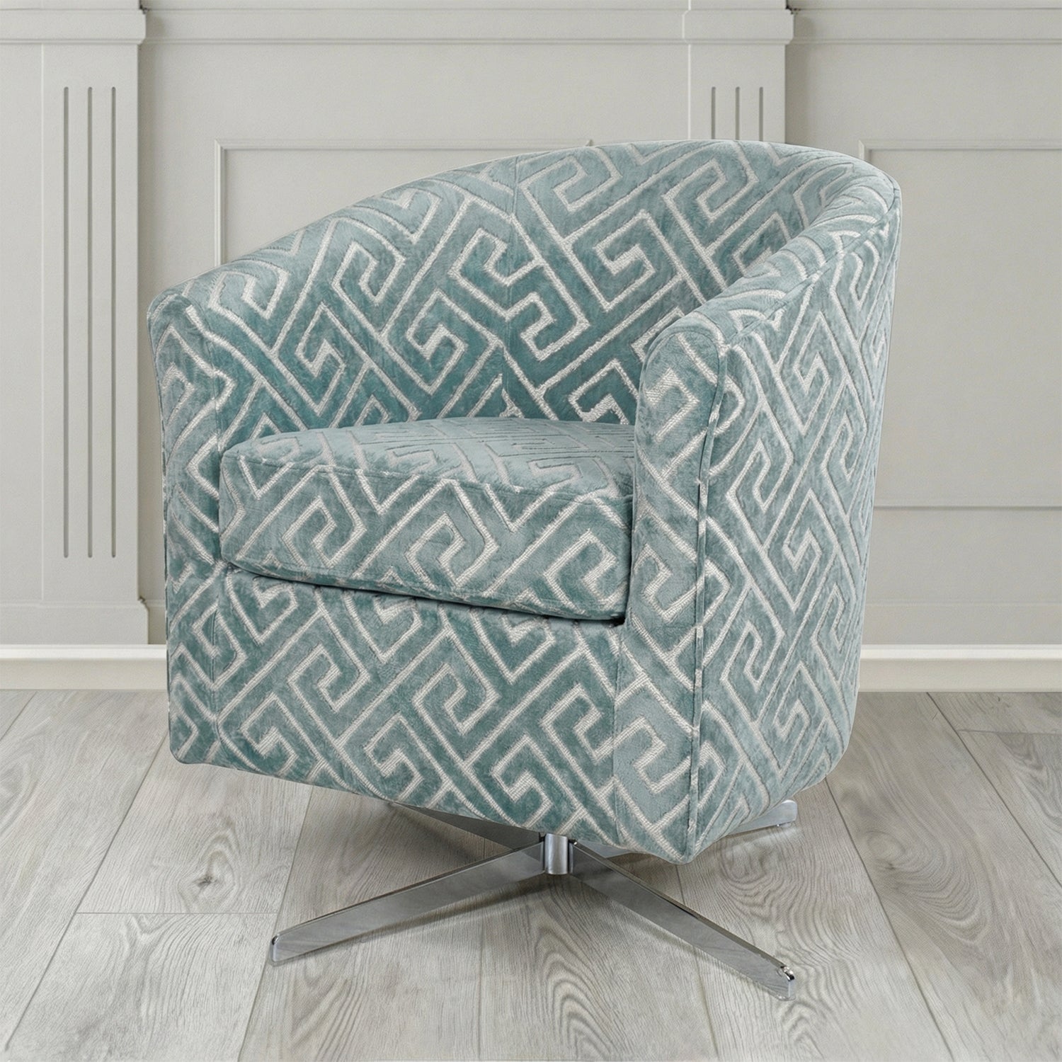 Cannes Swivel Tub Chair in Cristina Marrone Extravaganza Greek Key Geometric Fabric