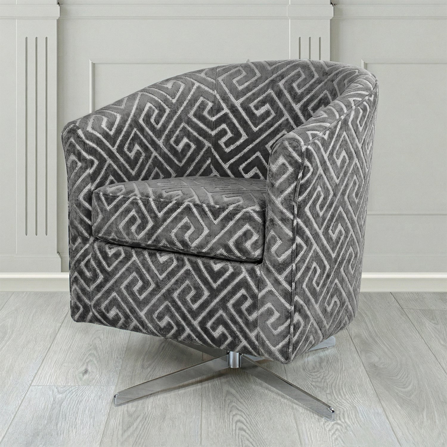 Cannes Swivel Tub Chair in Cristina Marrone Extravaganza Greek Key Geometric Fabric
