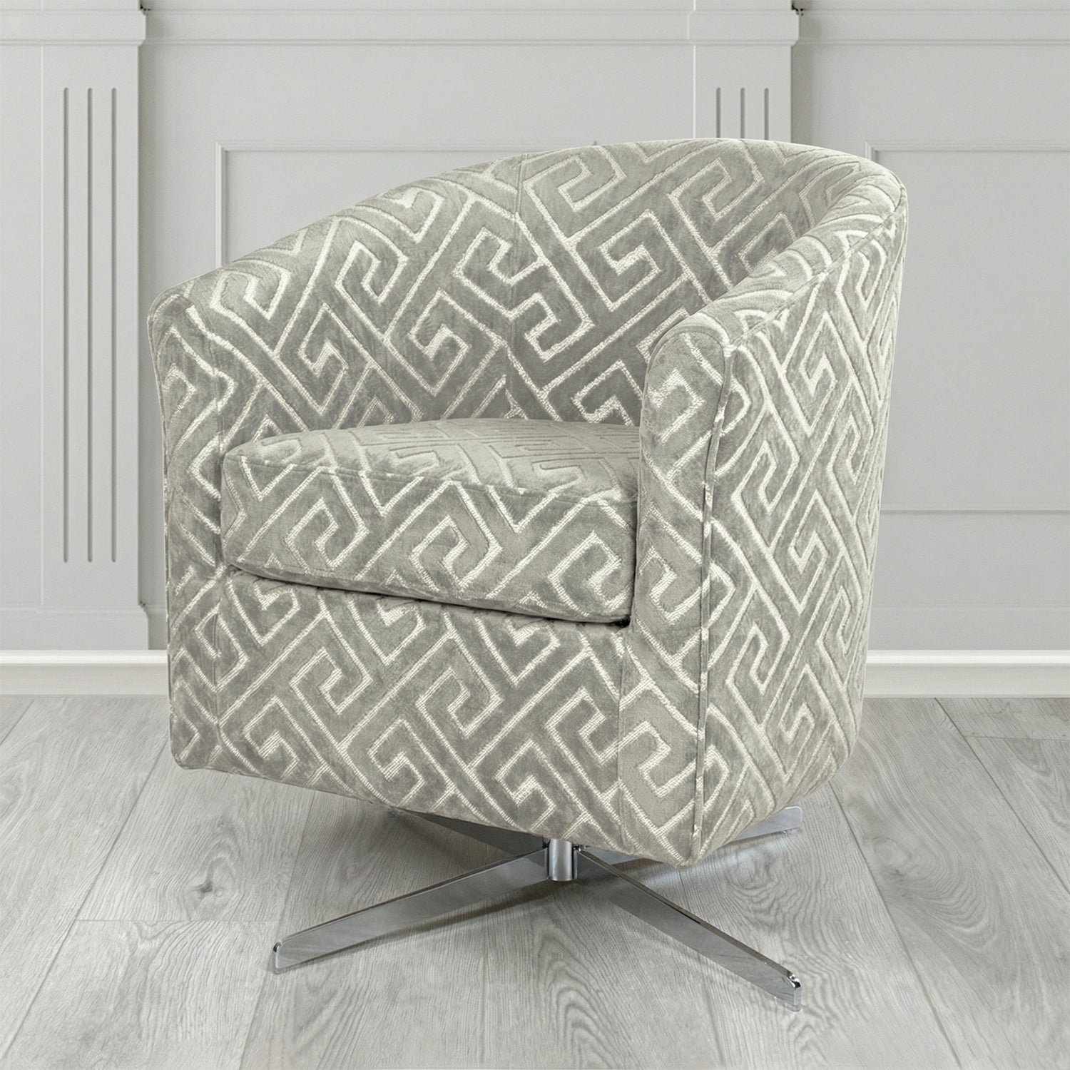 Cannes Swivel Tub Chair in Cristina Marrone Extravaganza Greek Key Geometric Fabric