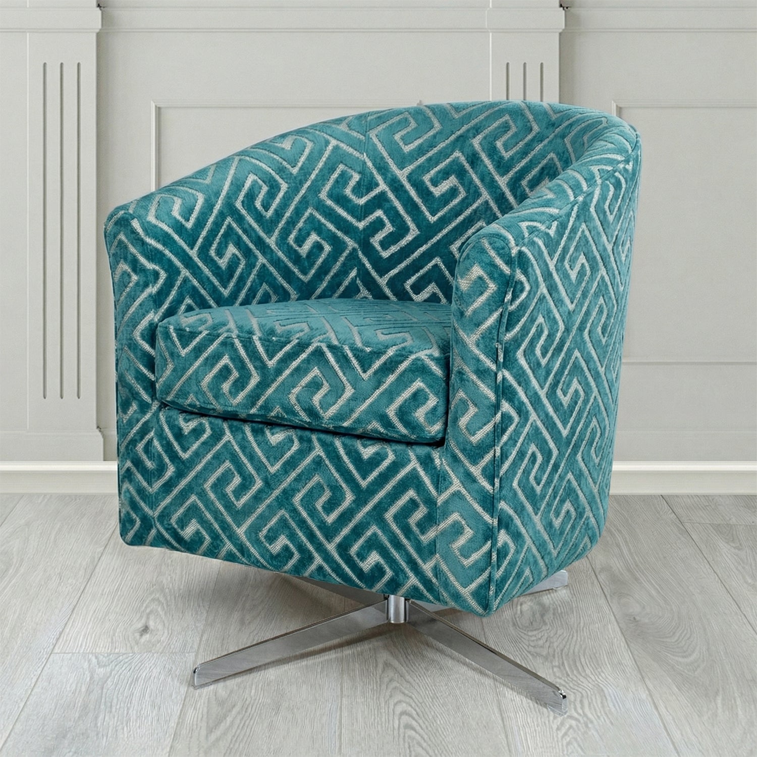 Cannes Swivel Tub Chair in Cristina Marrone Extravaganza Greek Key Geometric Fabric