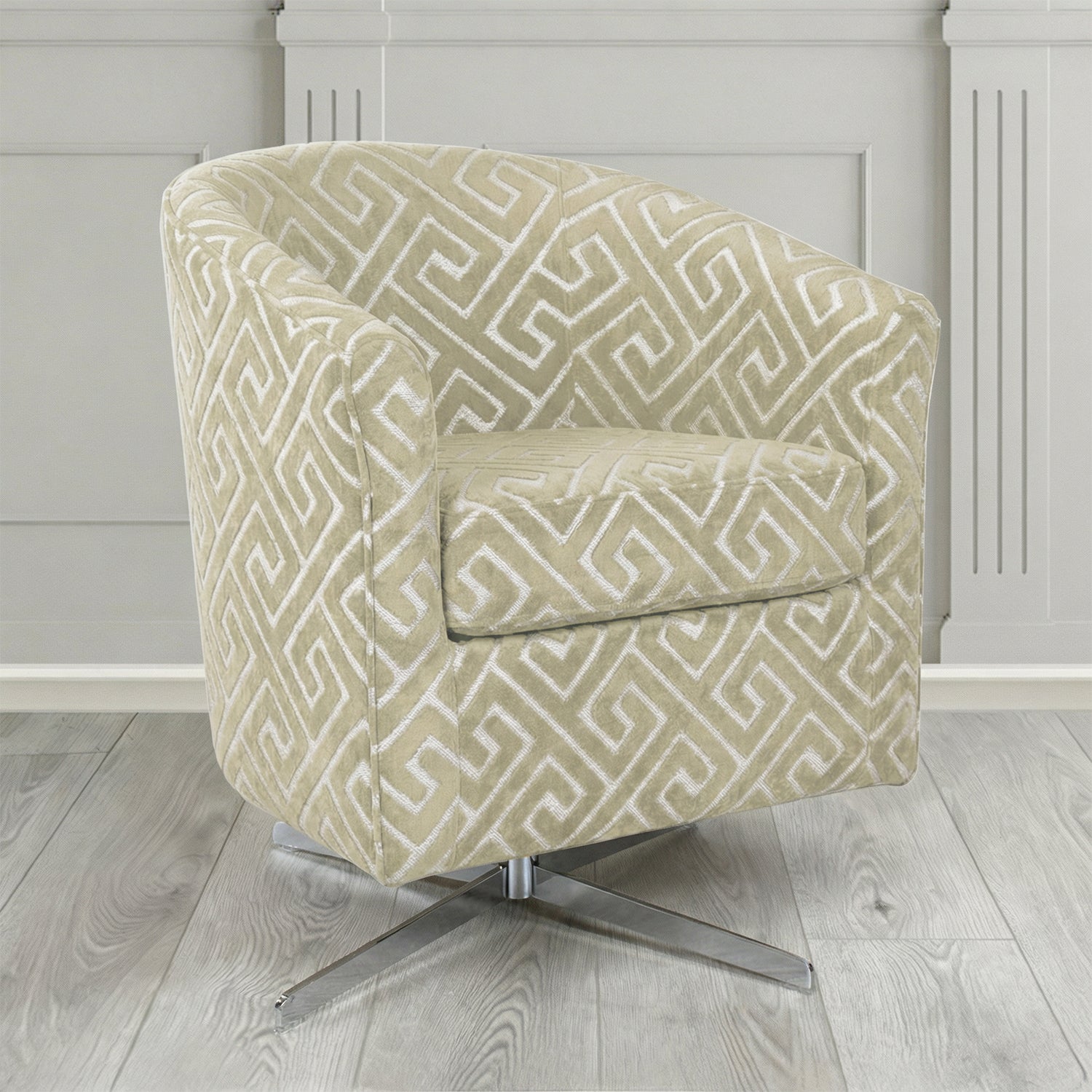 Cannes Swivel Tub Chair in Cristina Marrone Extravaganza Greek Key Geometric Fabric