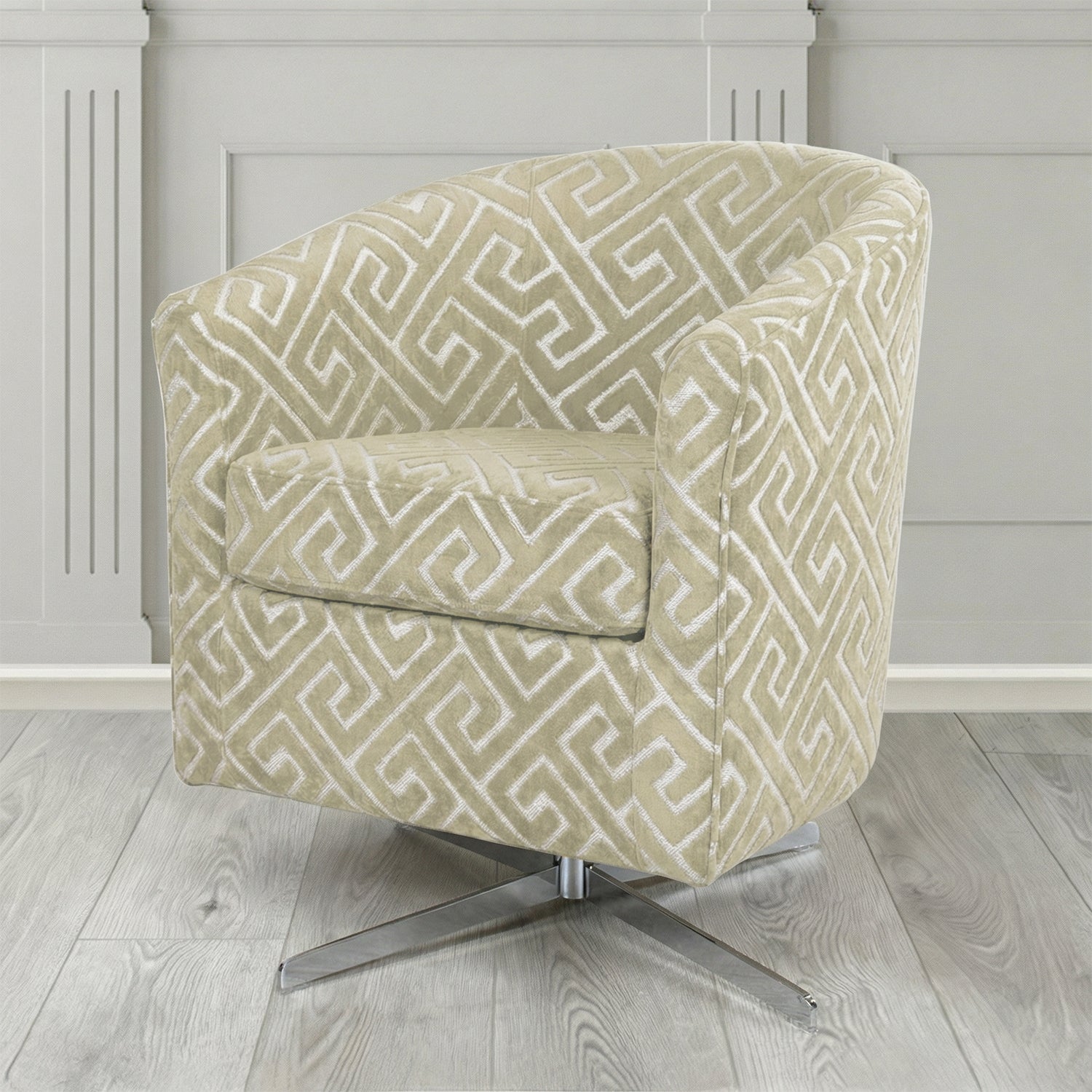 Cannes Swivel Tub Chair in Cristina Marrone Extravaganza Greek Key Geometric Fabric