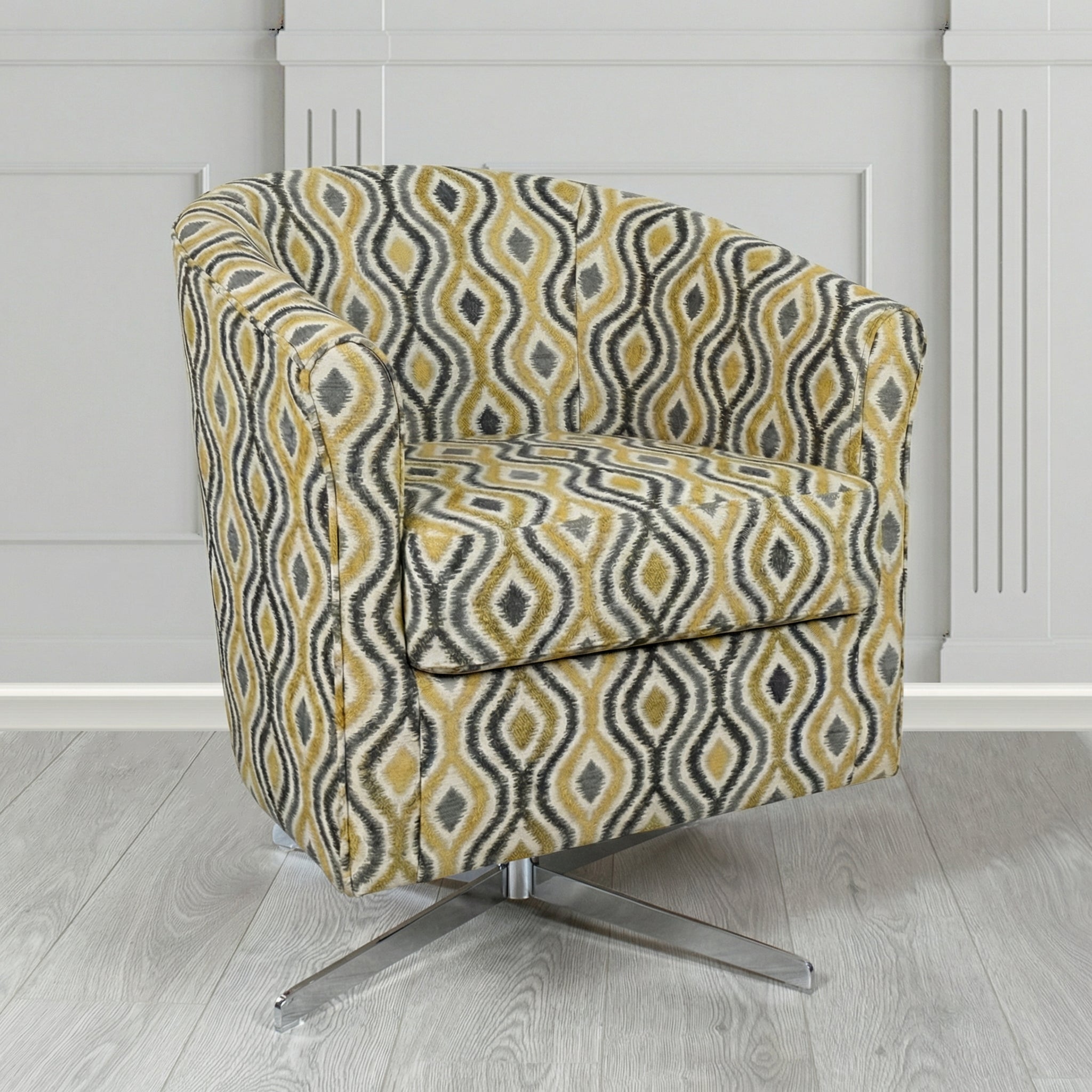 Cannes Swivel Tub Chair in Fryett's Verrusio Geometric Fabric