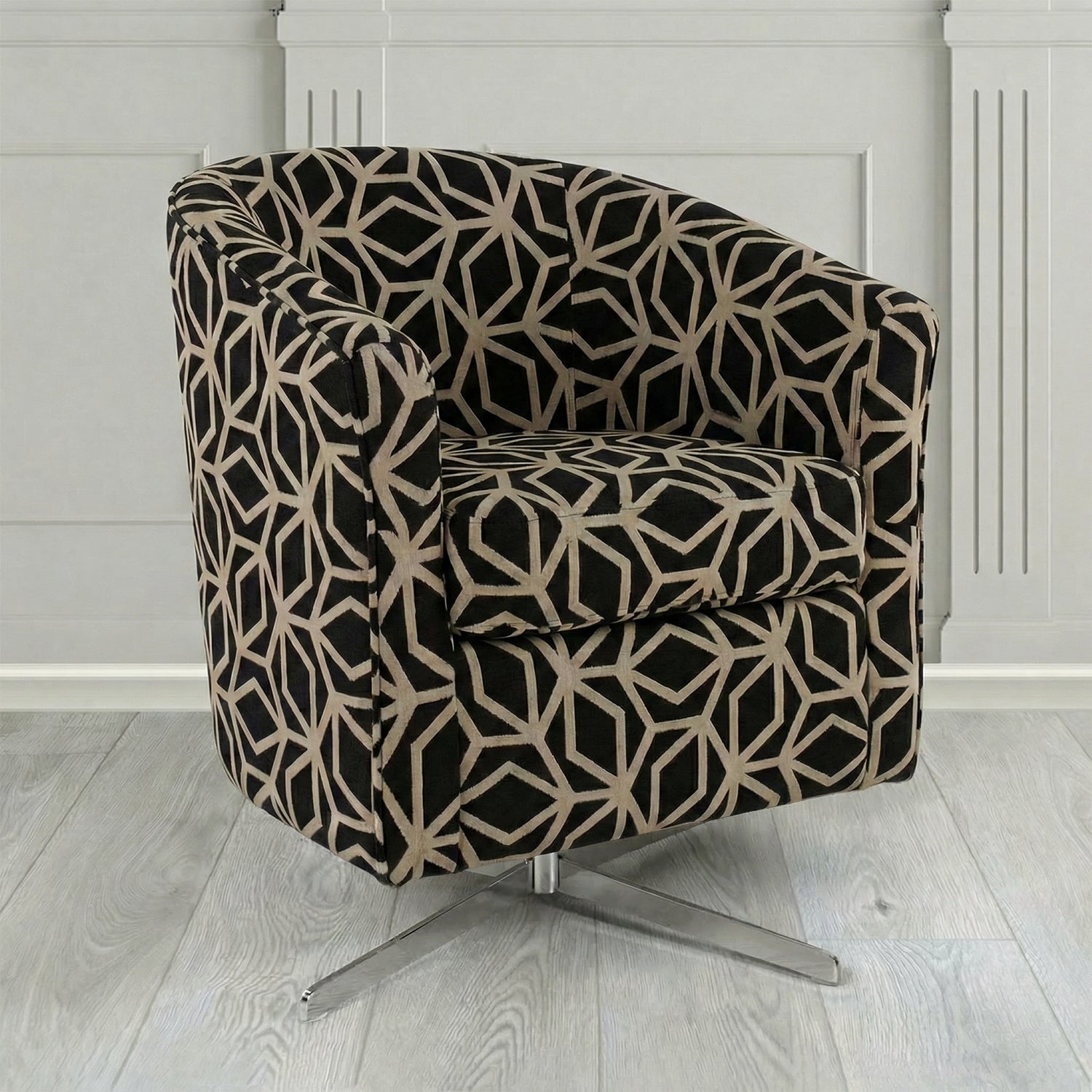 Cannes Swivel Tub Chair in Panaz Fabrics Lexington Corinthia Geometric Crib 5 Velvet Fabric