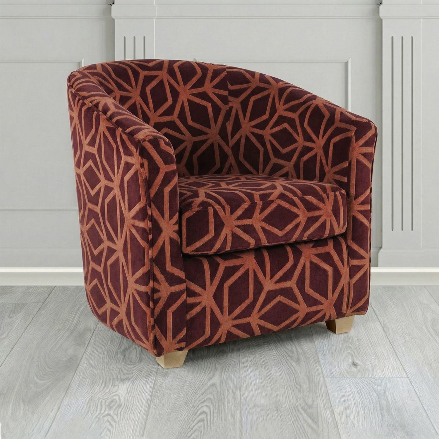 Cannes Tub Chair in Panaz Fabrics Lexington Corinthia Geometric Crib 5 Velvet Fabric