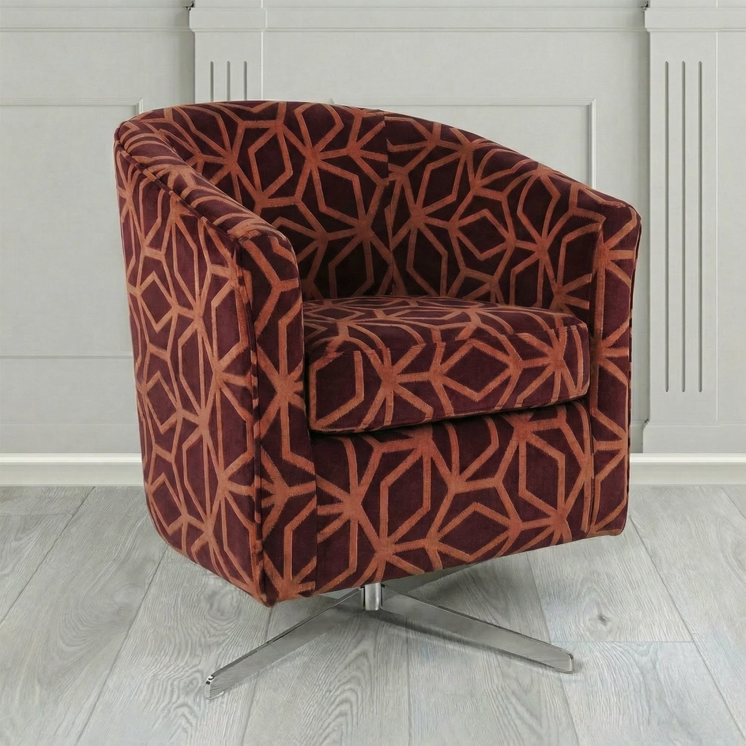 Cannes Swivel Tub Chair in Panaz Fabrics Lexington Corinthia Geometric Crib 5 Velvet Fabric