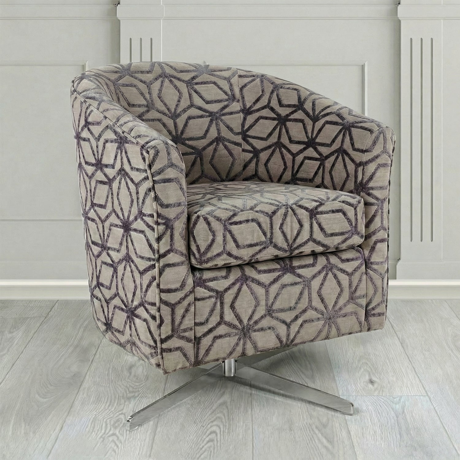 Cannes Swivel Tub Chair in Panaz Fabrics Lexington Corinthia Geometric Crib 5 Velvet Fabric