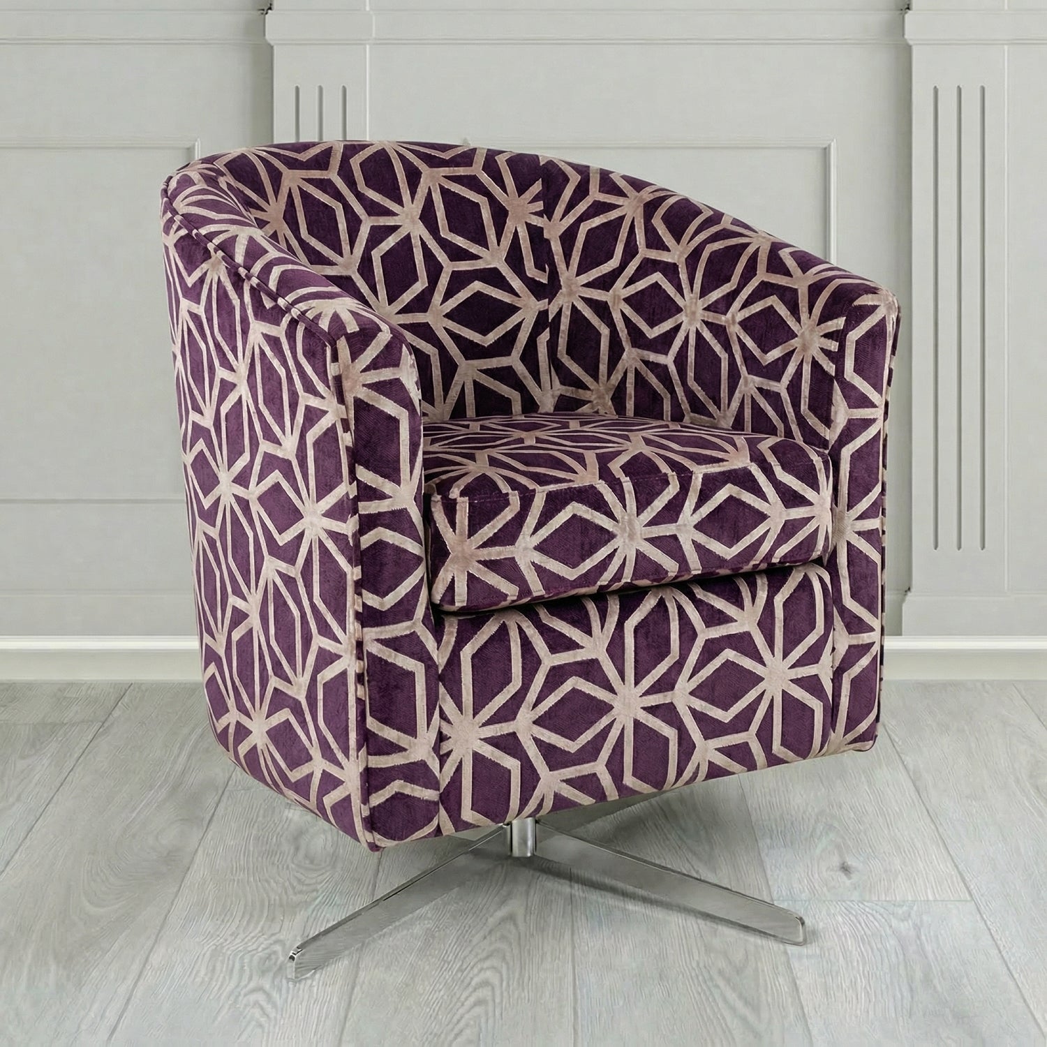 Cannes Swivel Tub Chair in Panaz Fabrics Lexington Corinthia Geometric Crib 5 Velvet Fabric