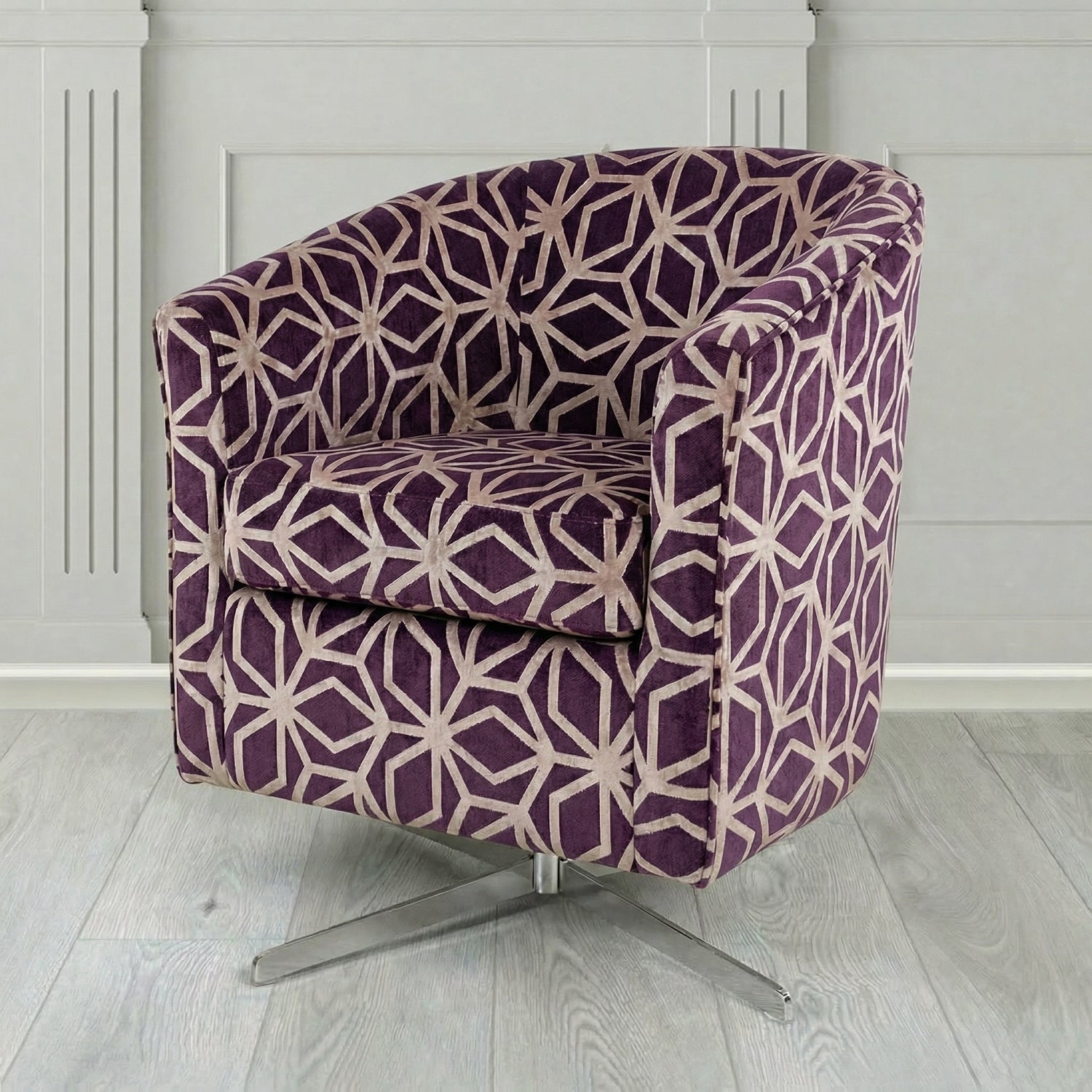 Cannes Swivel Tub Chair in Panaz Fabrics Lexington Corinthia Geometric Crib 5 Velvet Fabric