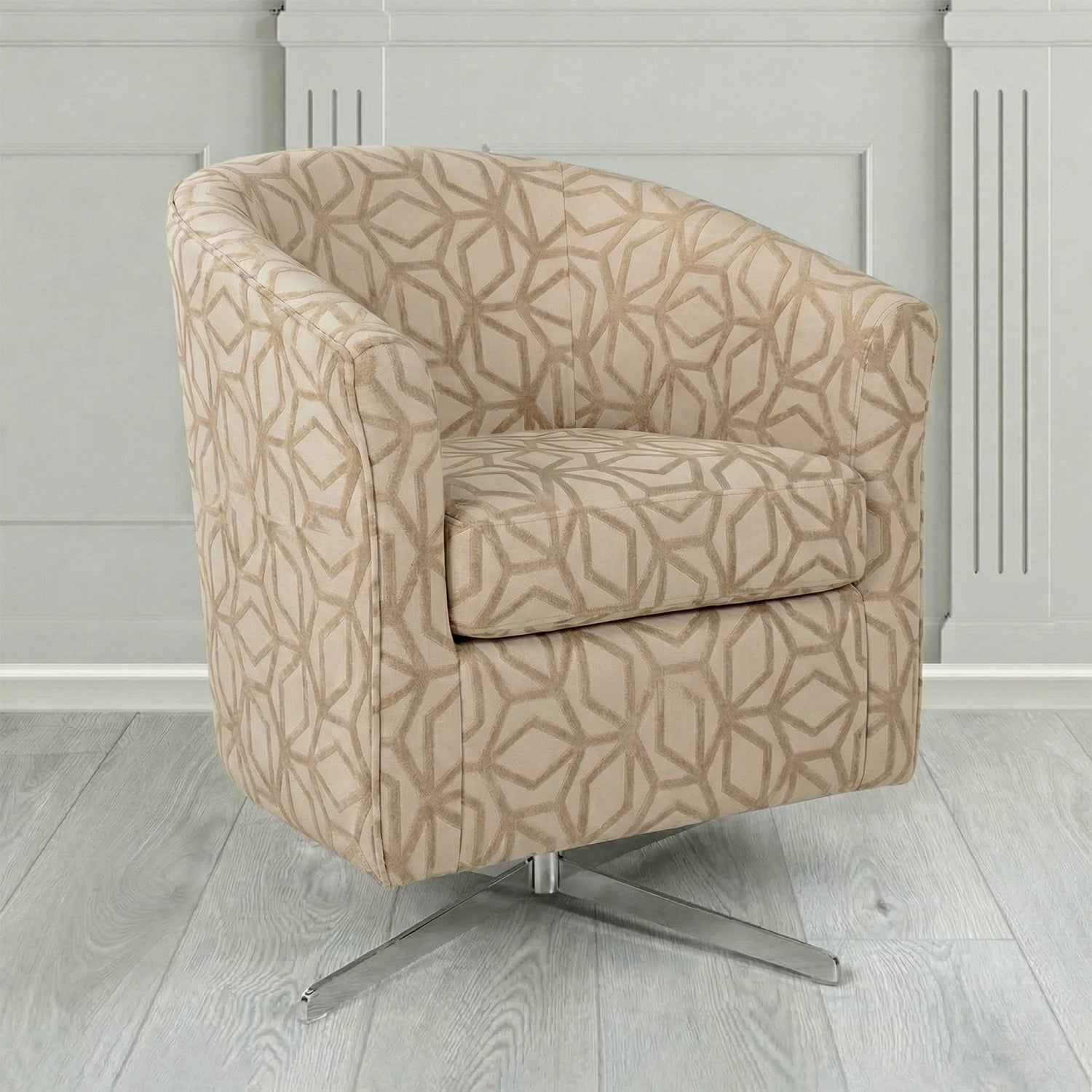 Cannes Swivel Tub Chair in Panaz Fabrics Lexington Corinthia Geometric Crib 5 Velvet Fabric
