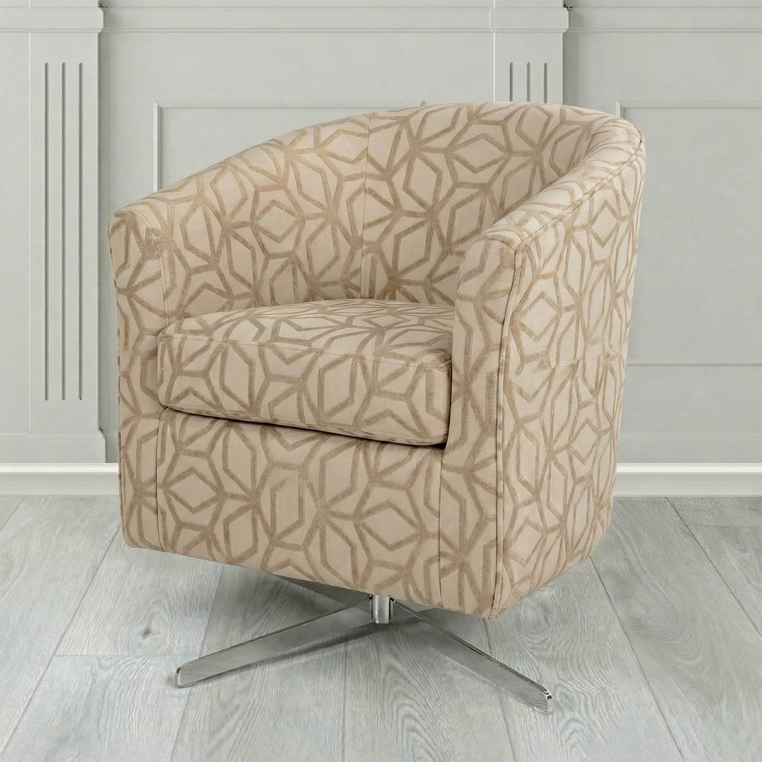 Cannes Swivel Tub Chair in Panaz Fabrics Lexington Corinthia Geometric Crib 5 Velvet Fabric