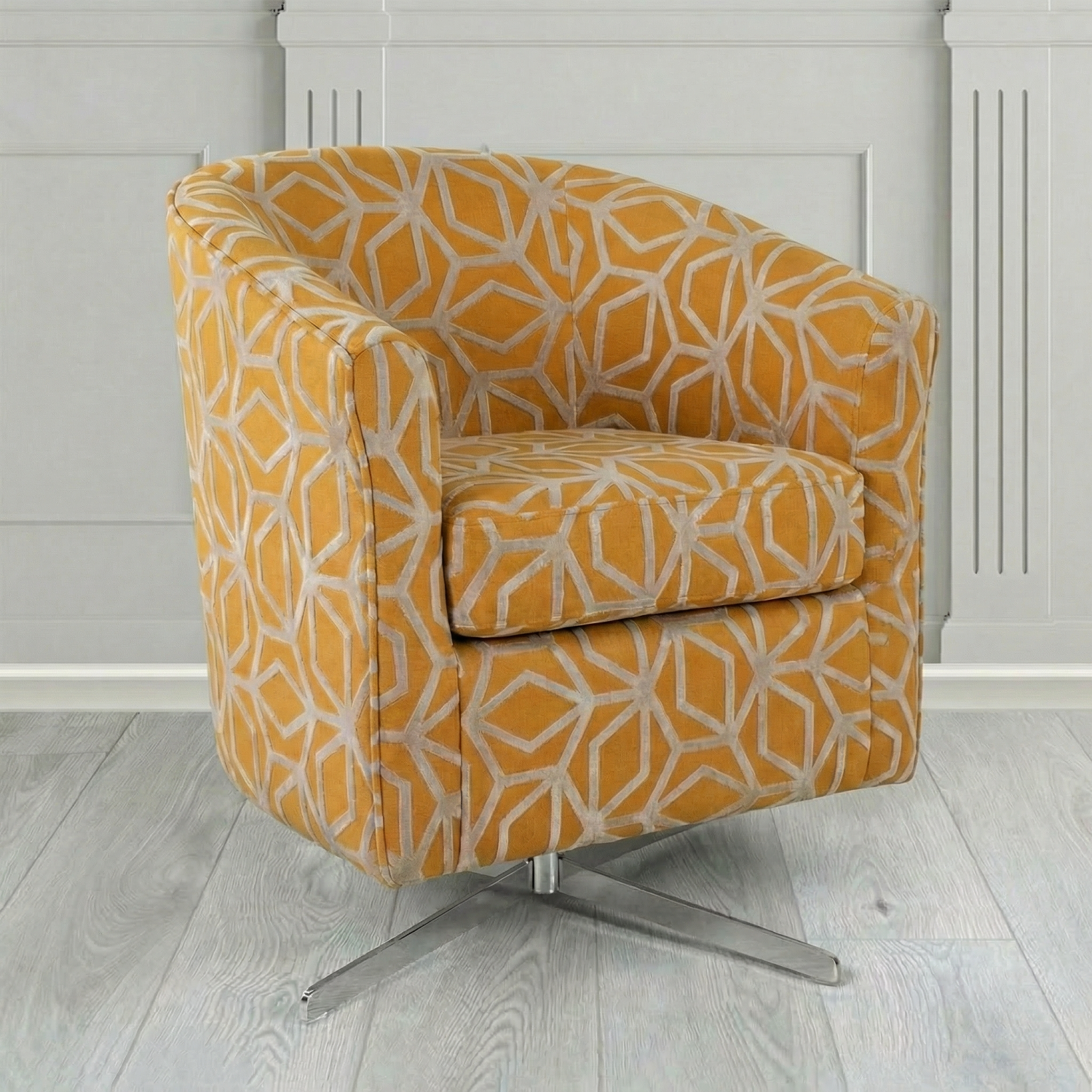 Cannes Swivel Tub Chair in Panaz Fabrics Lexington Corinthia Geometric Crib 5 Velvet Fabric