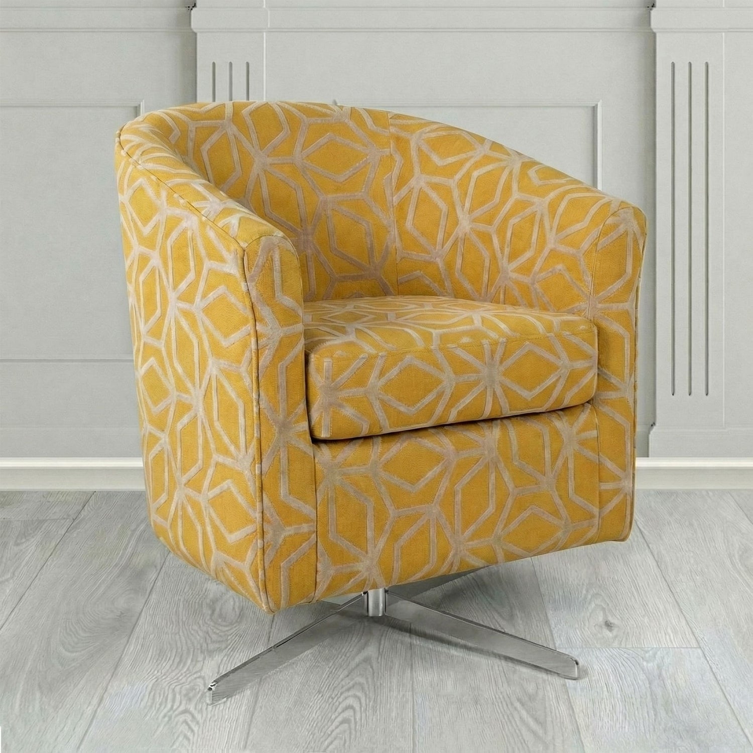 Cannes Swivel Tub Chair in Panaz Fabrics Lexington Corinthia Geometric Crib 5 Velvet Fabric