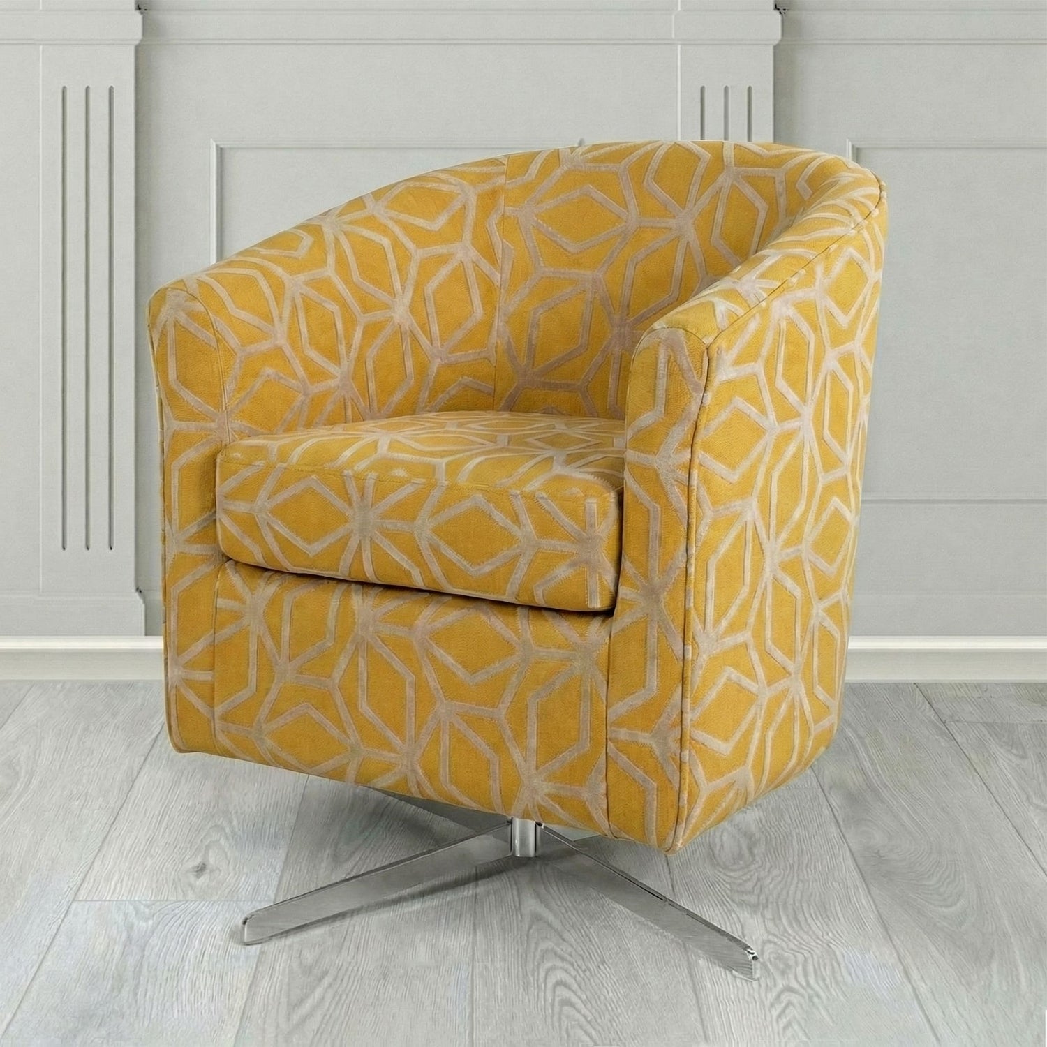 Cannes Swivel Tub Chair in Panaz Fabrics Lexington Corinthia Geometric Crib 5 Velvet Fabric