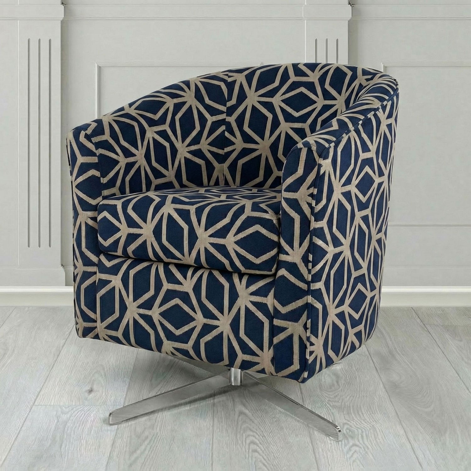 Cannes Swivel Tub Chair in Panaz Fabrics Lexington Corinthia Geometric Crib 5 Velvet Fabric