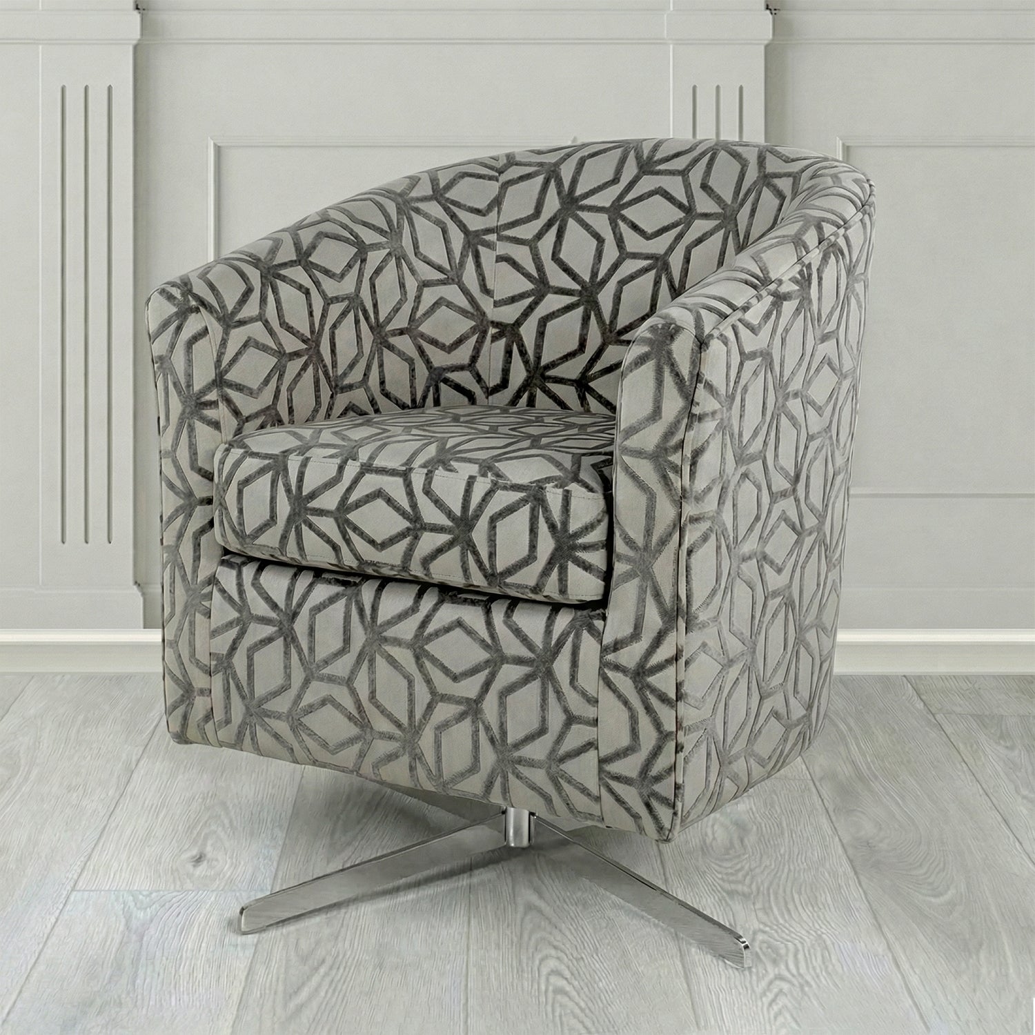 Cannes Swivel Tub Chair in Panaz Fabrics Lexington Corinthia Geometric Crib 5 Velvet Fabric