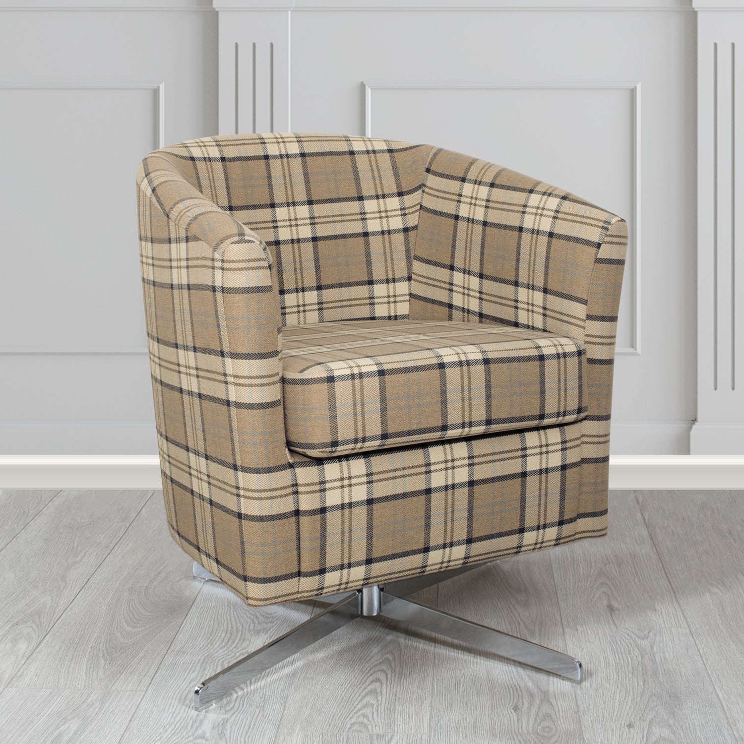 Cannes Swivel Tub Chair in Piazza Plaid Crib 5 Tartan Fabric