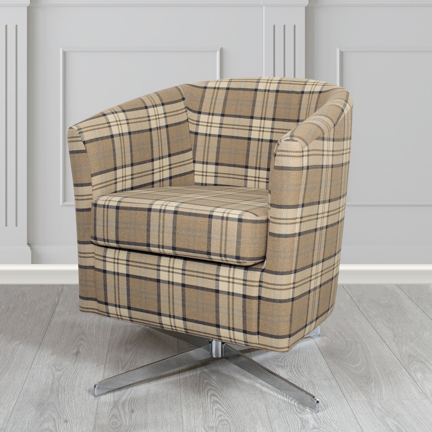 Cannes Swivel Tub Chair in Piazza Plaid Crib 5 Tartan Fabric