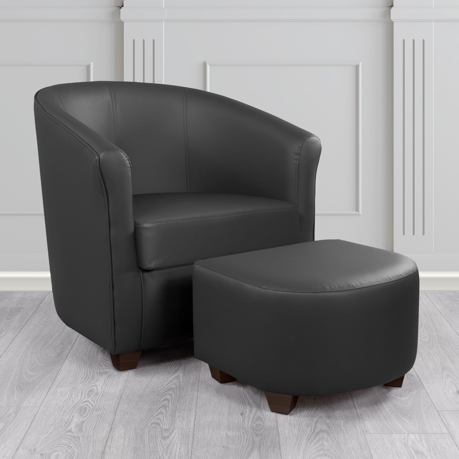 Cannes Tub Chair with Footstool Set in Madrid Black Faux Leather - The Tub Chair Shop