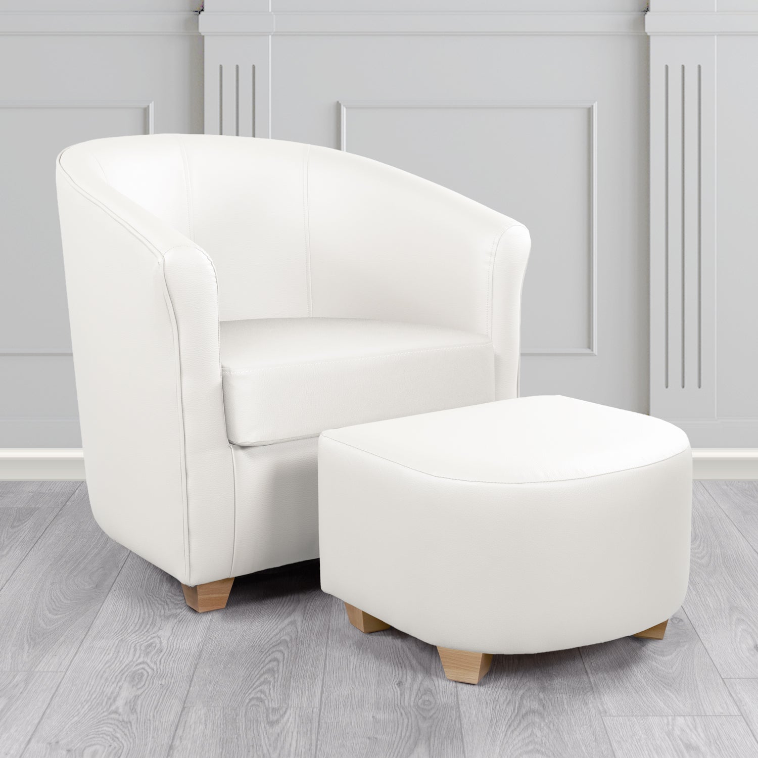 Cannes Tub Chair with Footstool Set in Madrid White Faux Leather - The Tub Chair Shop