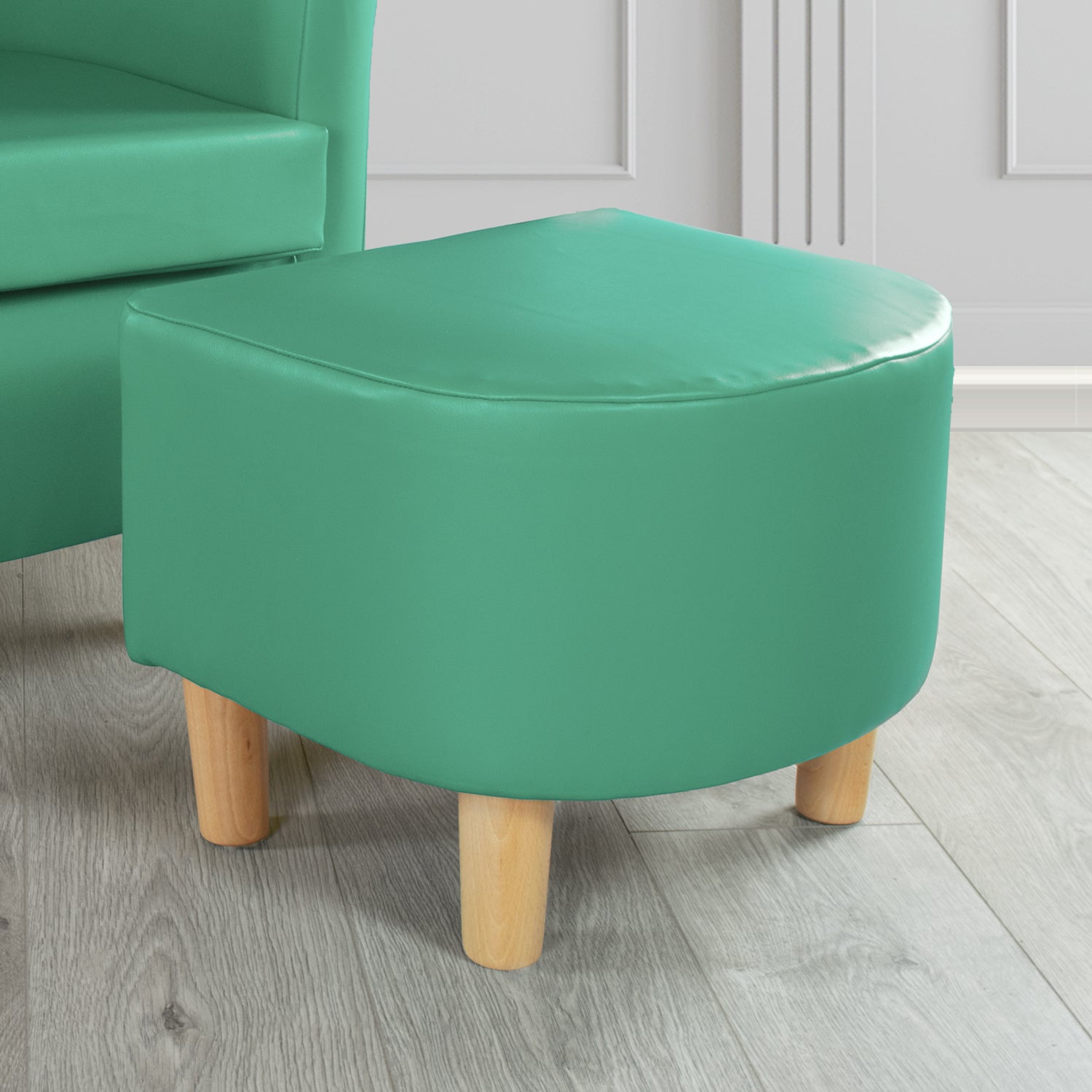 Tuscany Footstool in Chieftain Fabrics Just Colour Faux Leather with Light Wood Legs