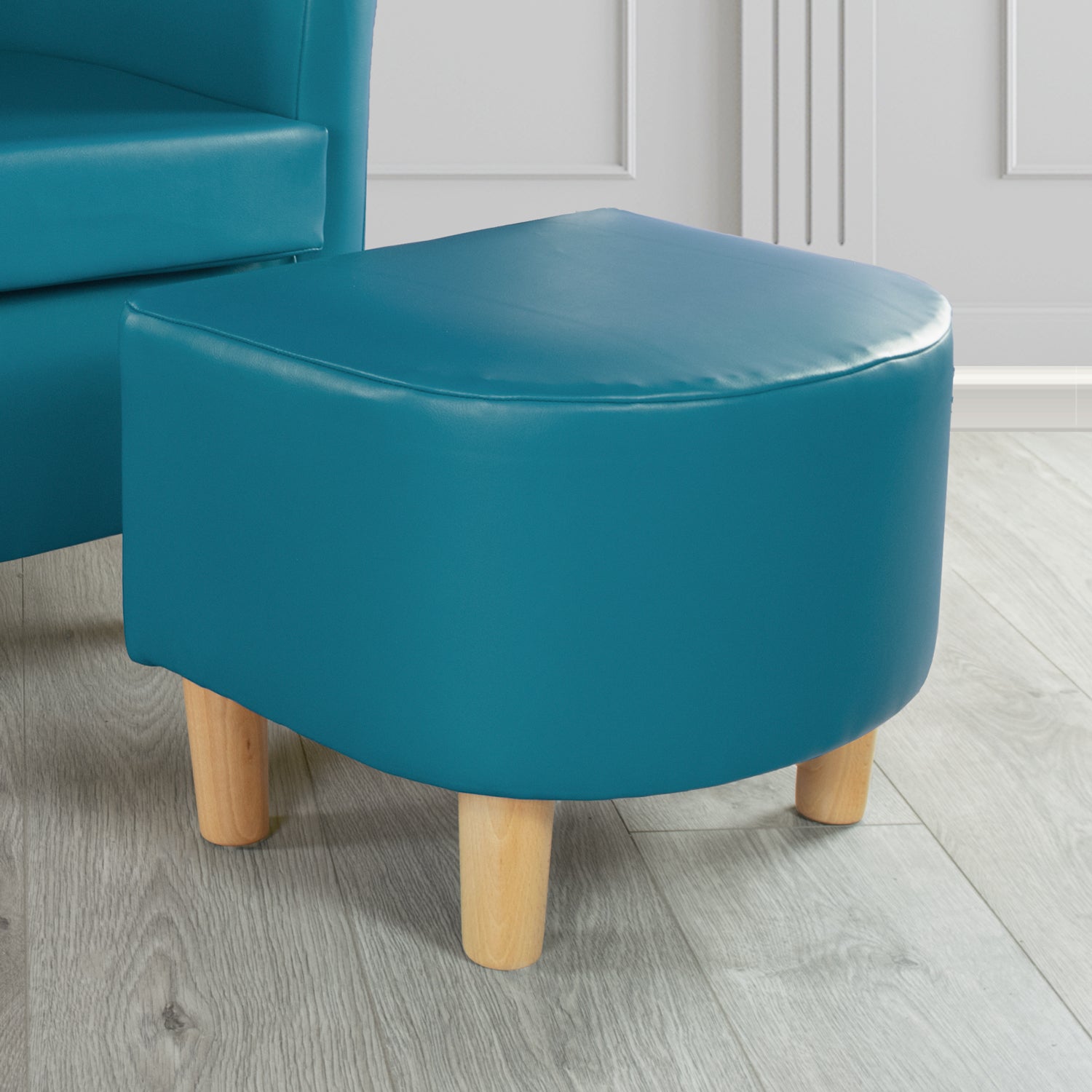 Tuscany Footstool in Chieftain Fabrics Just Colour Faux Leather with Light Wood Legs