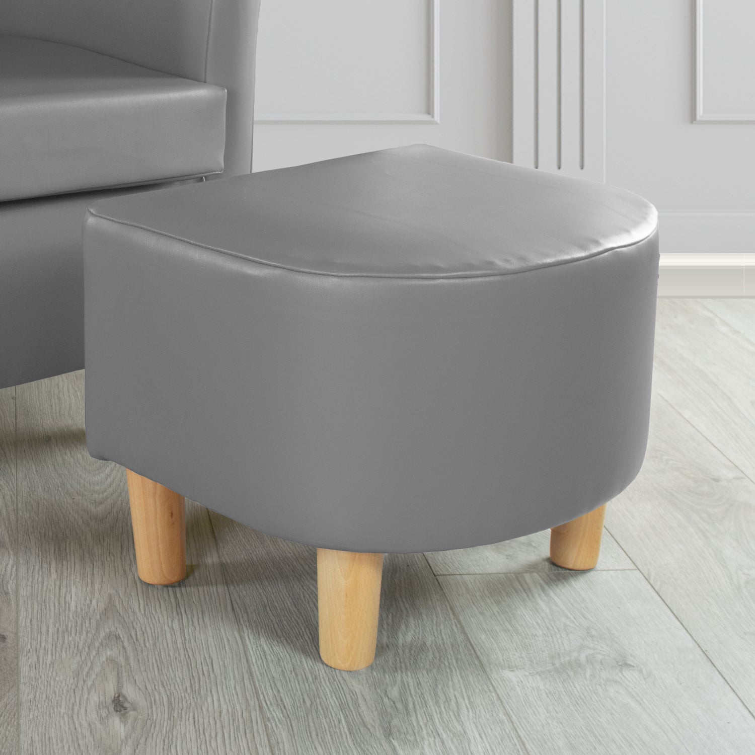 Tuscany Footstool in Chieftain Fabrics Just Colour Faux Leather with Light Wood Legs