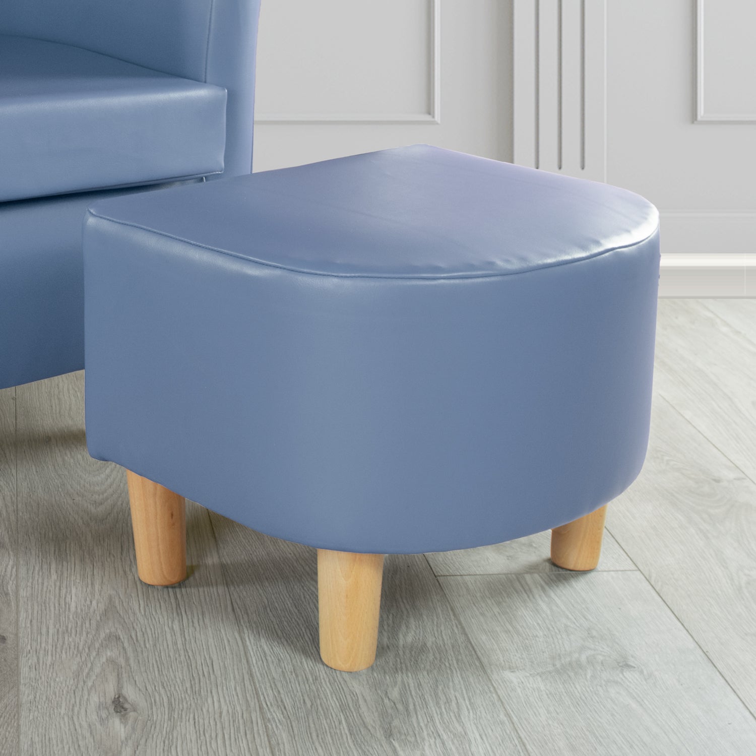 Tuscany Footstool in Chieftain Fabrics Just Colour Faux Leather with Light Wood Legs