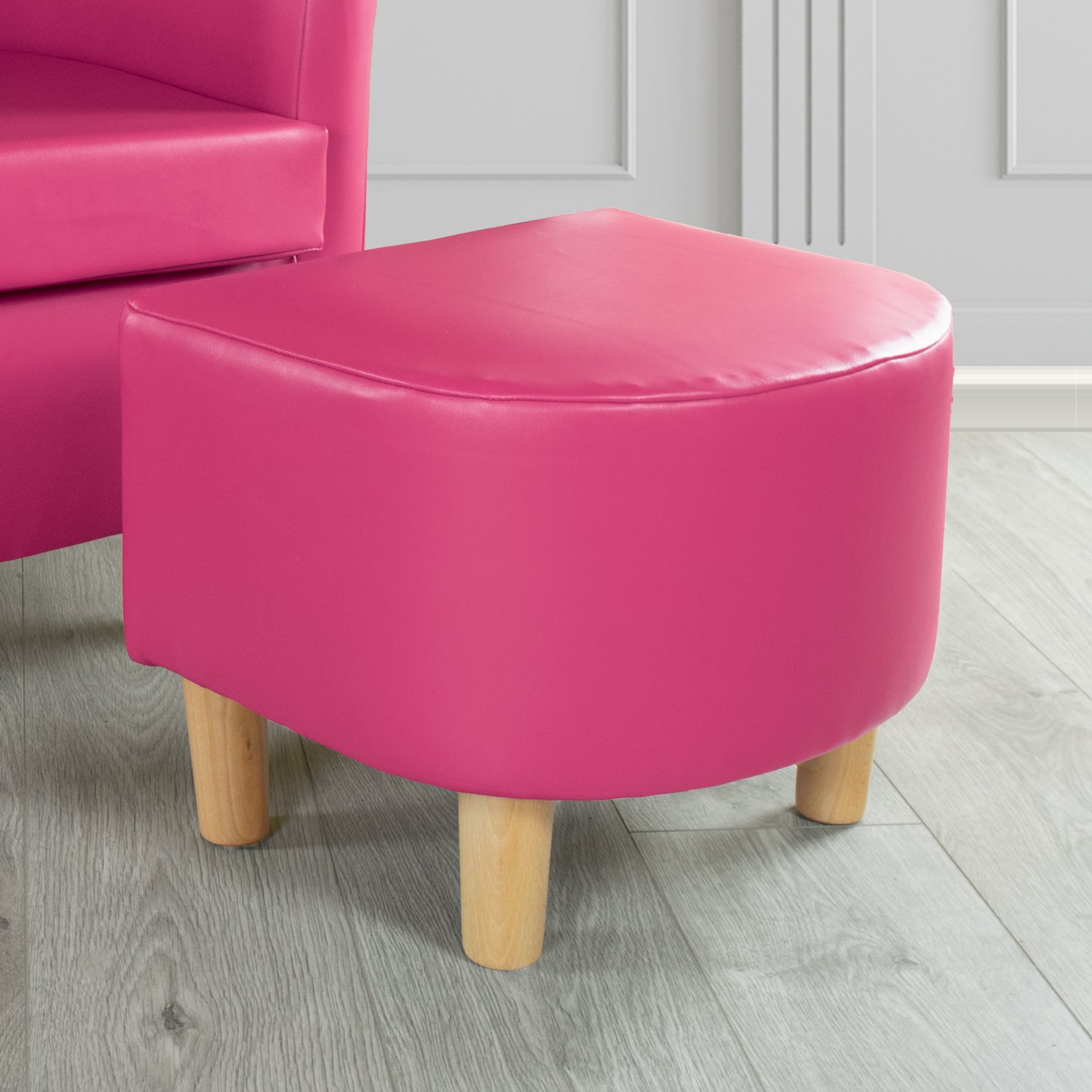 Tuscany Footstool in Chieftain Fabrics Just Colour Faux Leather with Light Wood Legs