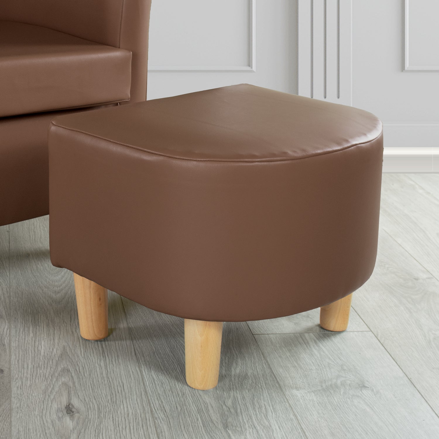Tuscany Footstool in Chieftain Fabrics Just Colour Faux Leather with Light Wood Legs
