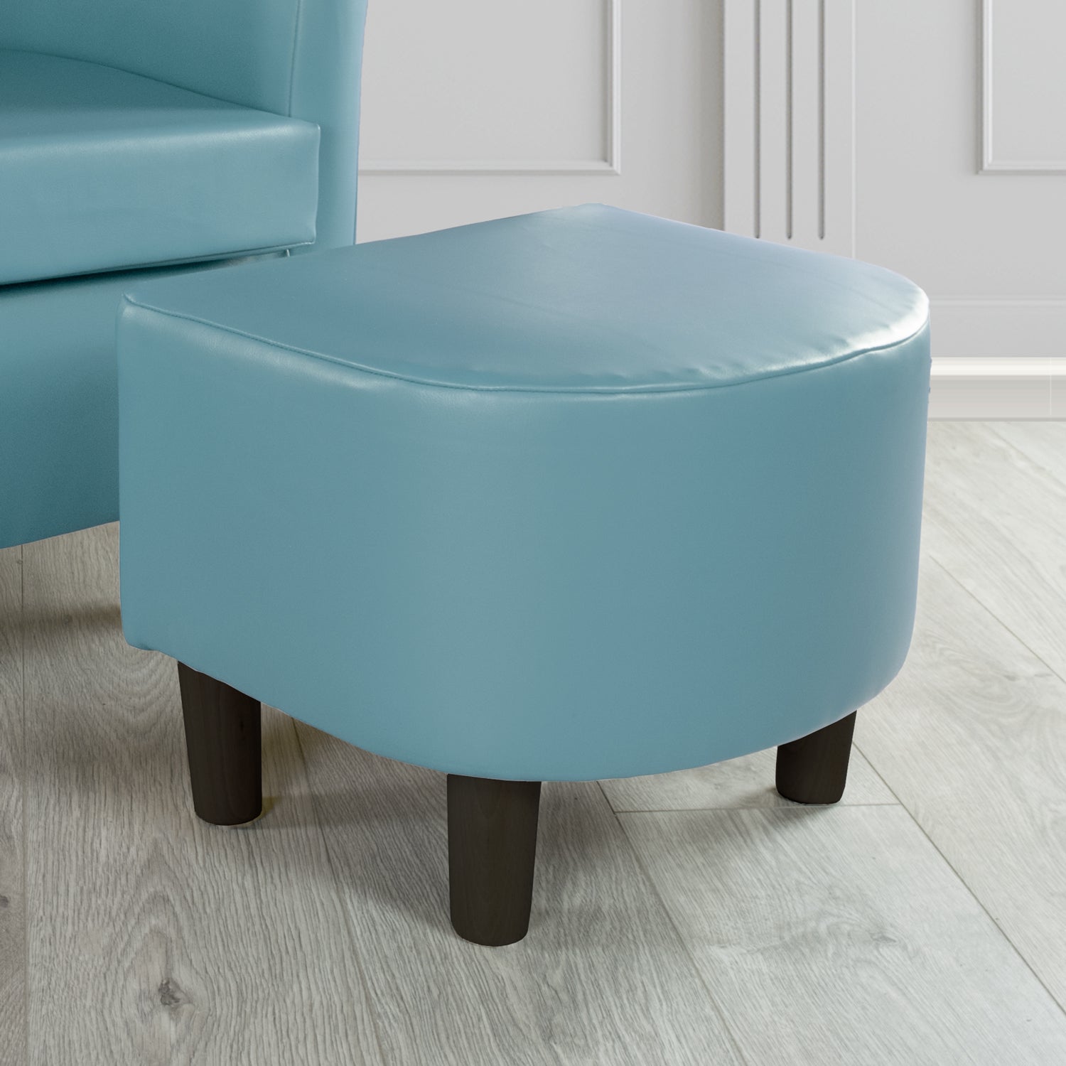 Tuscany Footstool in Chieftain Fabrics Just Colour Faux Leather with Dark Wood Legs