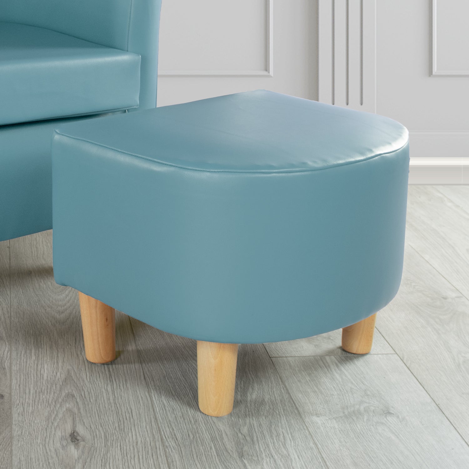 Tuscany Footstool in Chieftain Fabrics Just Colour Faux Leather with Light Wood Legs