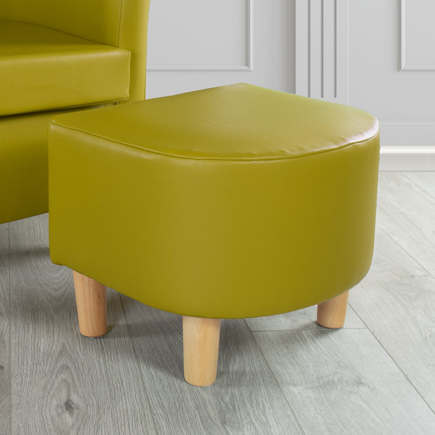 Tuscany Footstool in Chieftain Fabrics Just Colour Faux Leather with Light Wood Legs