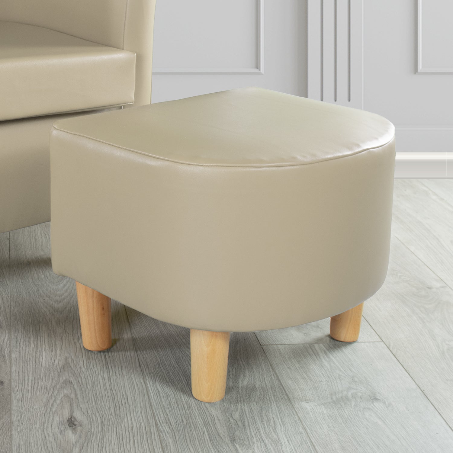 Tuscany Footstool in Chieftain Fabrics Just Colour Faux Leather with Light Wood Legs