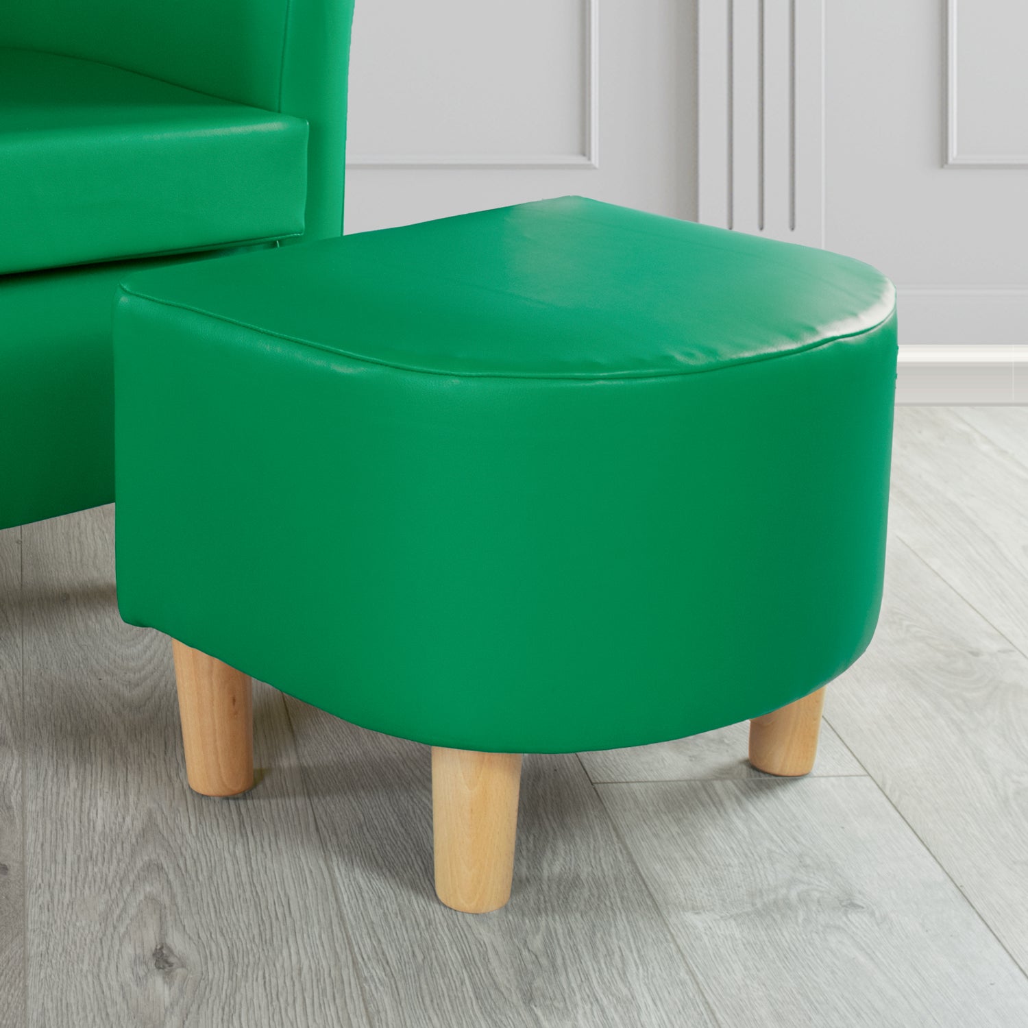Tuscany Footstool in Chieftain Fabrics Just Colour Faux Leather with Light Wood Legs